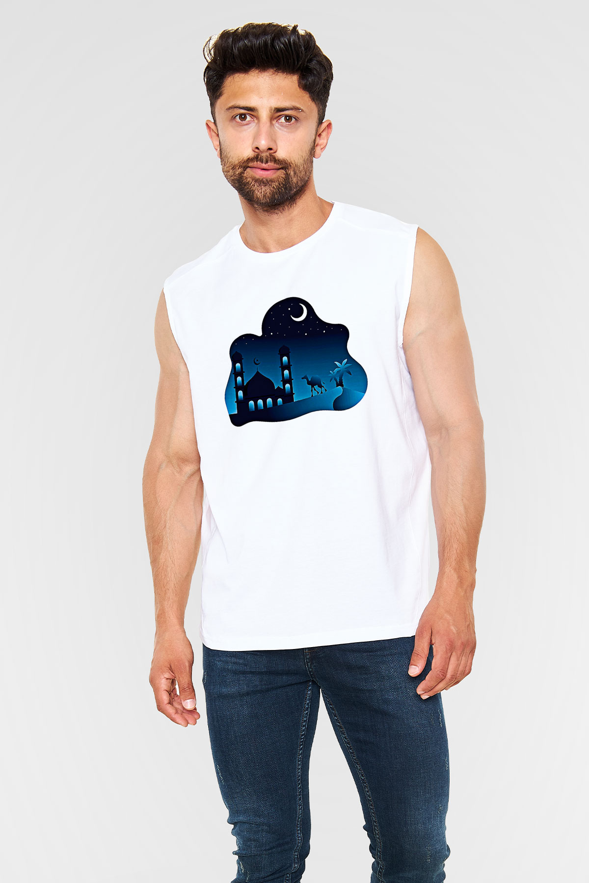 Ramazan Bayramı Baskılı Beyaz Unisex Kolsuz Tişört - Tshirt