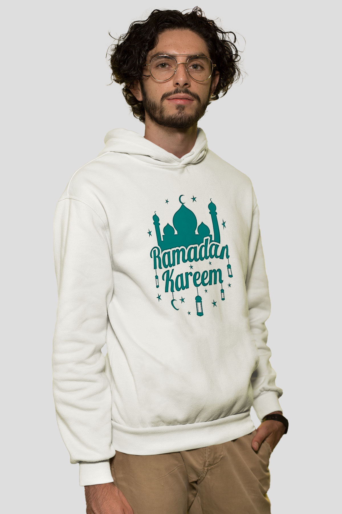 Ramazan Bayramı Baskılı Beyaz Unisex Kapüşonlu Sweatshirt