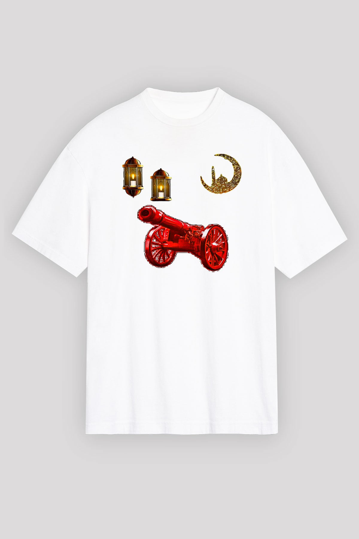 Ramazan Bayramı Baskılı Beyaz Unisex Oversize Tişört - Tshirt
