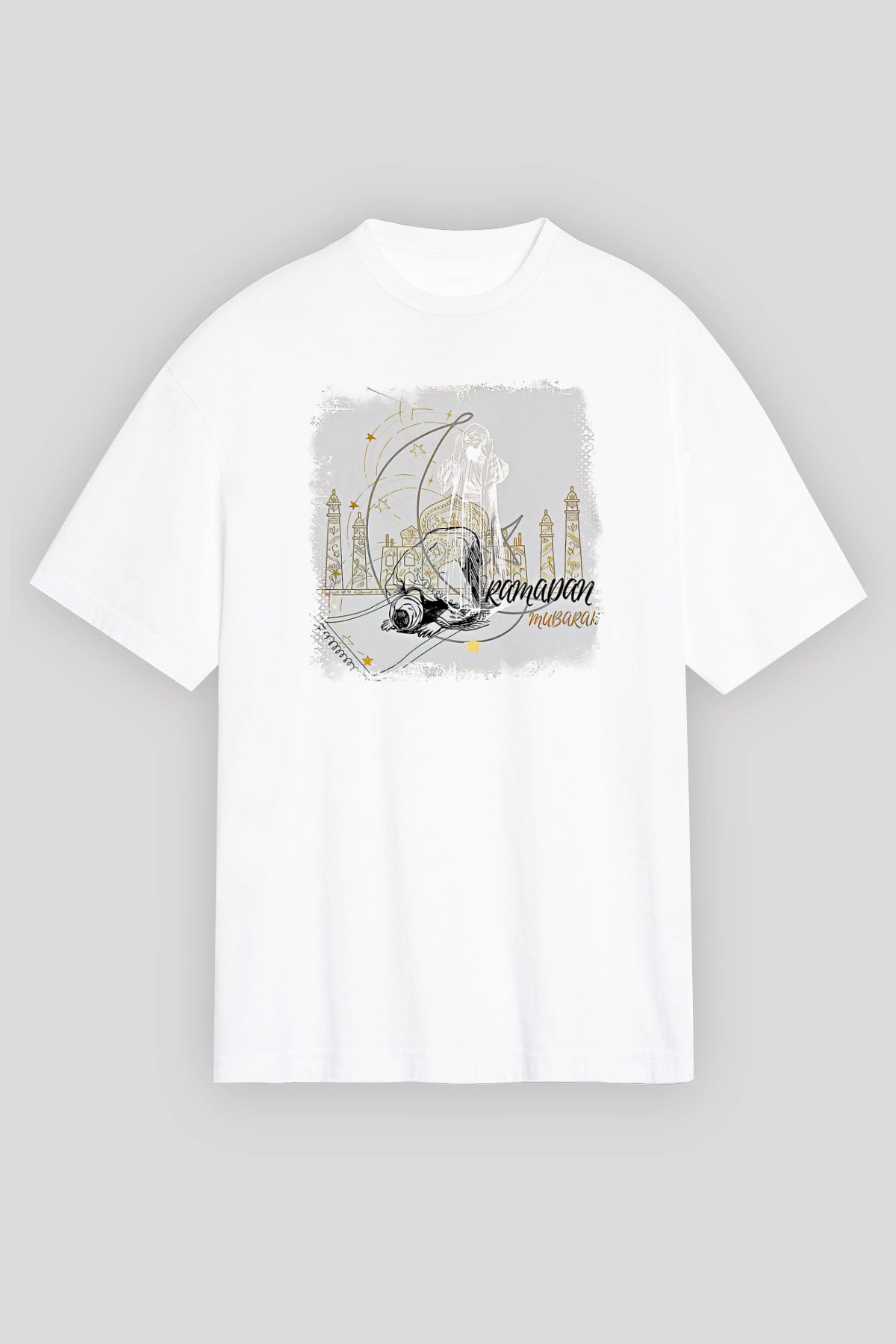 Ramazan Bayramı Baskılı Beyaz Unisex Oversize Tişört - Tshirt