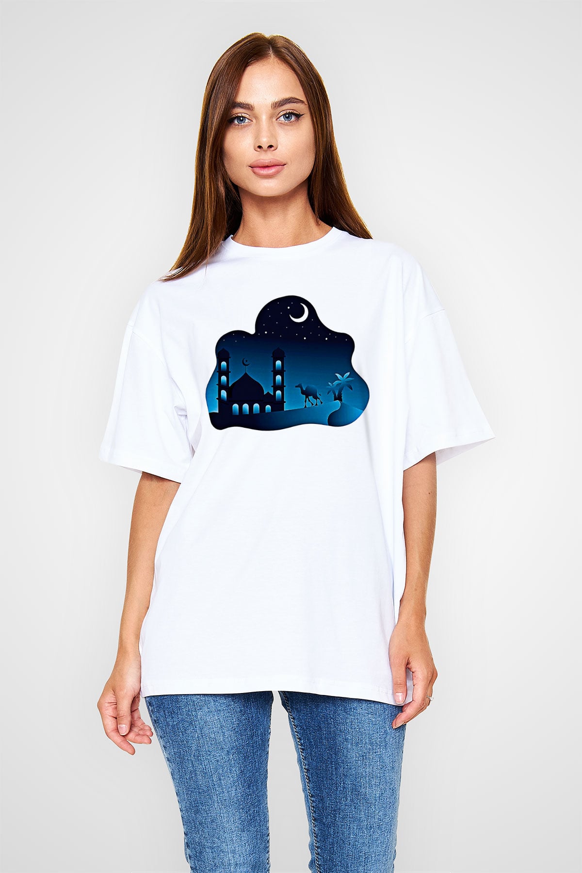 Ramazan Bayramı Baskılı Beyaz Unisex Oversize Tişört - Tshirt