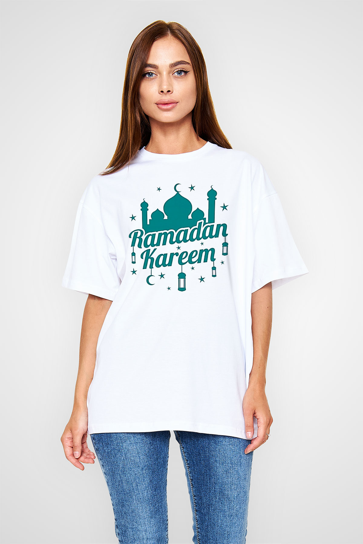 Ramazan Bayramı Baskılı Beyaz Unisex Oversize Tişört - Tshirt