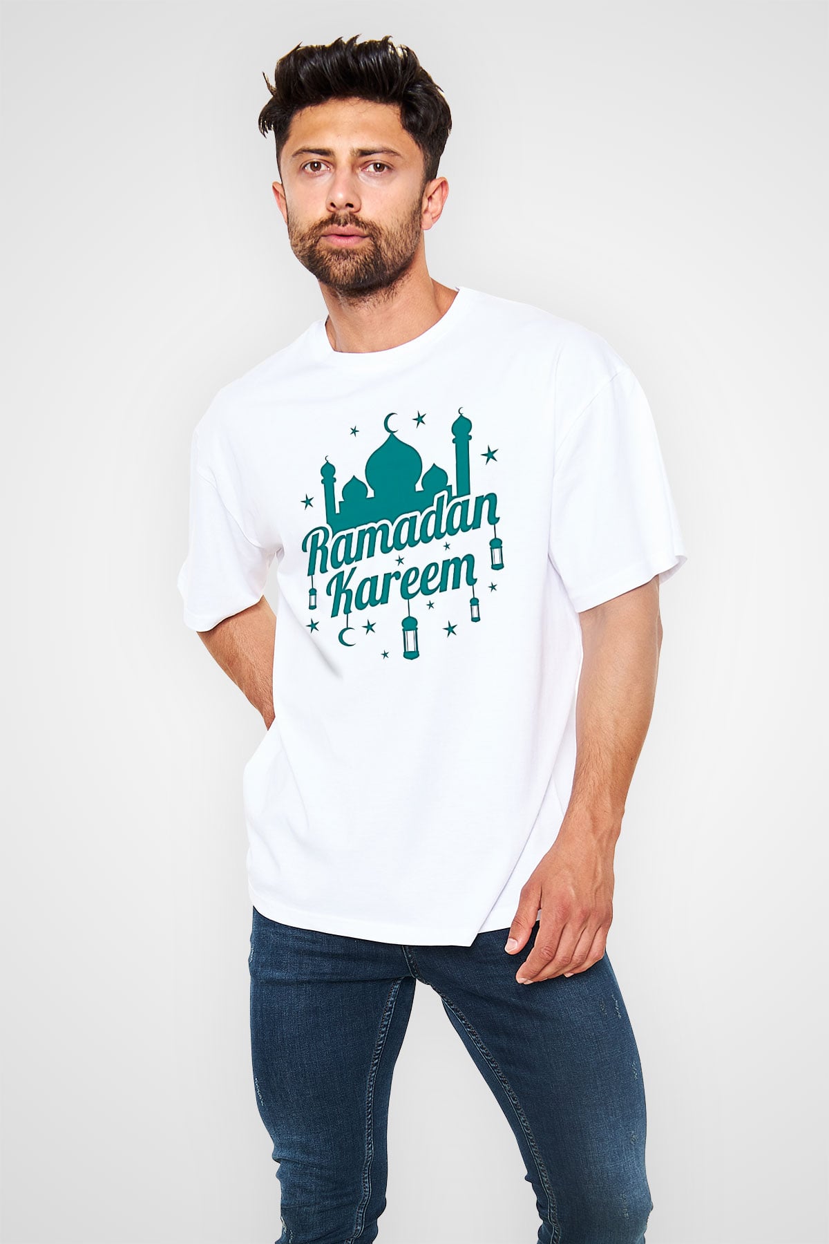 Ramazan Bayramı Baskılı Beyaz Unisex Oversize Tişört - Tshirt