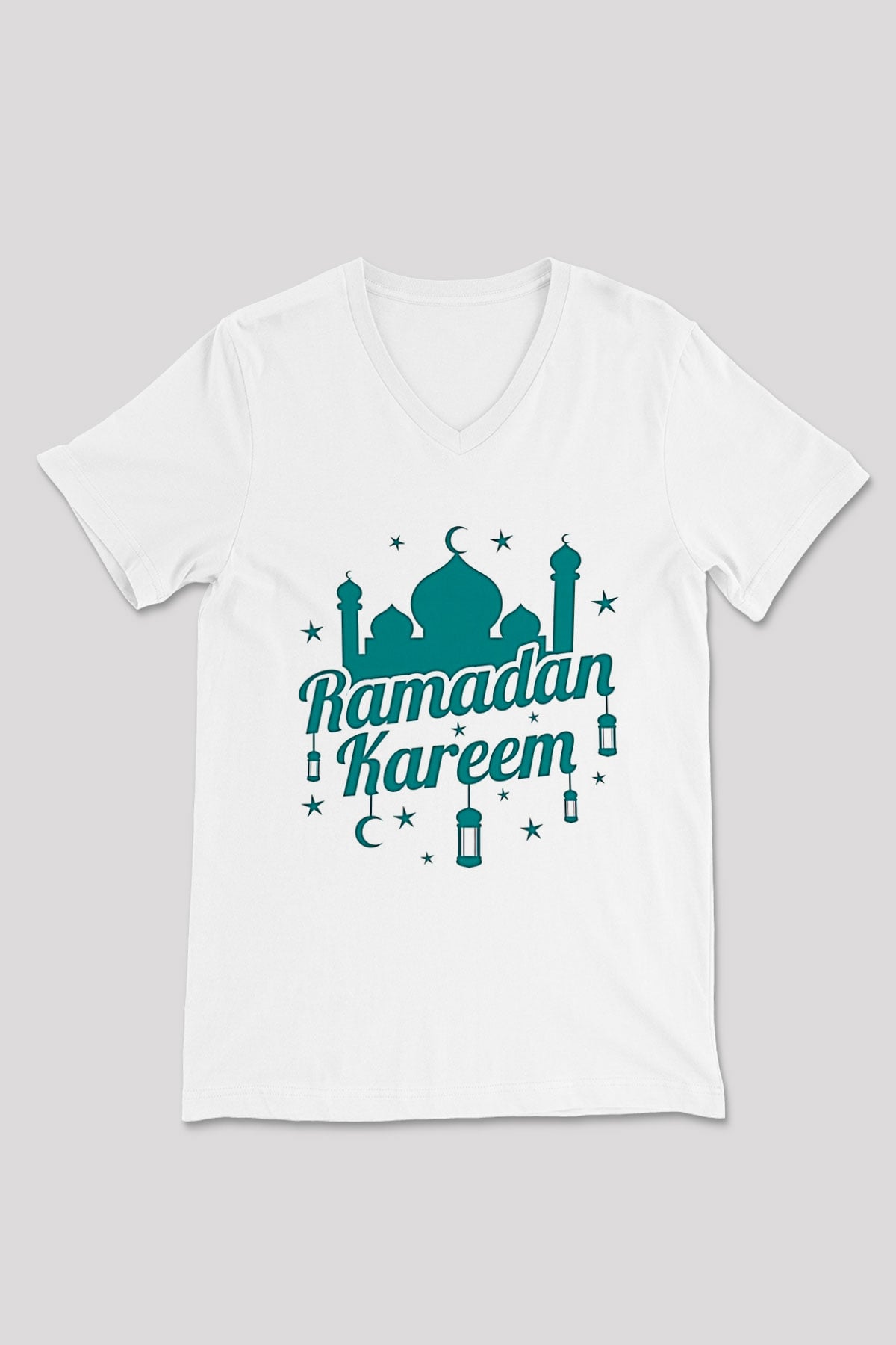 Ramazan Bayramı Baskılı Beyaz Unisex V Yaka Tişört - Tshirt