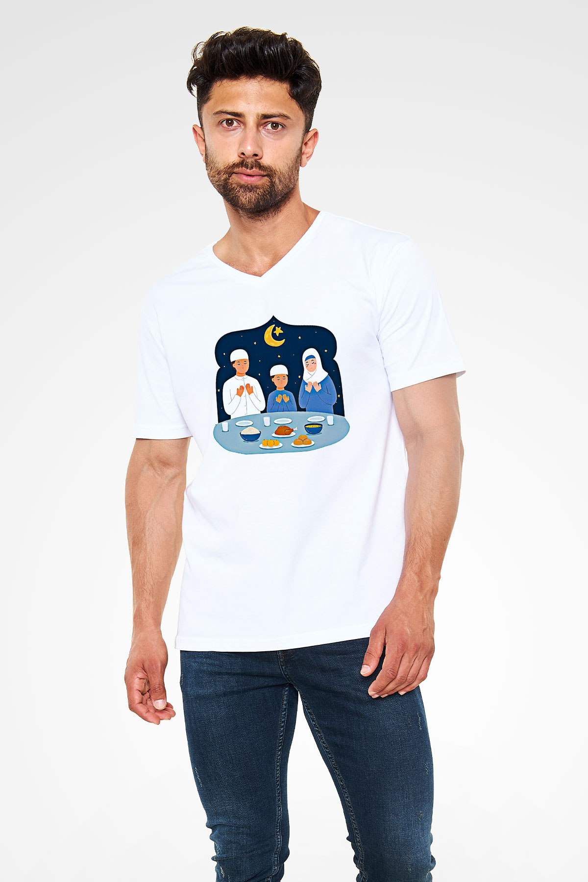 Ramazan Bayramı Baskılı Beyaz Unisex V Yaka Tişört - Tshirt