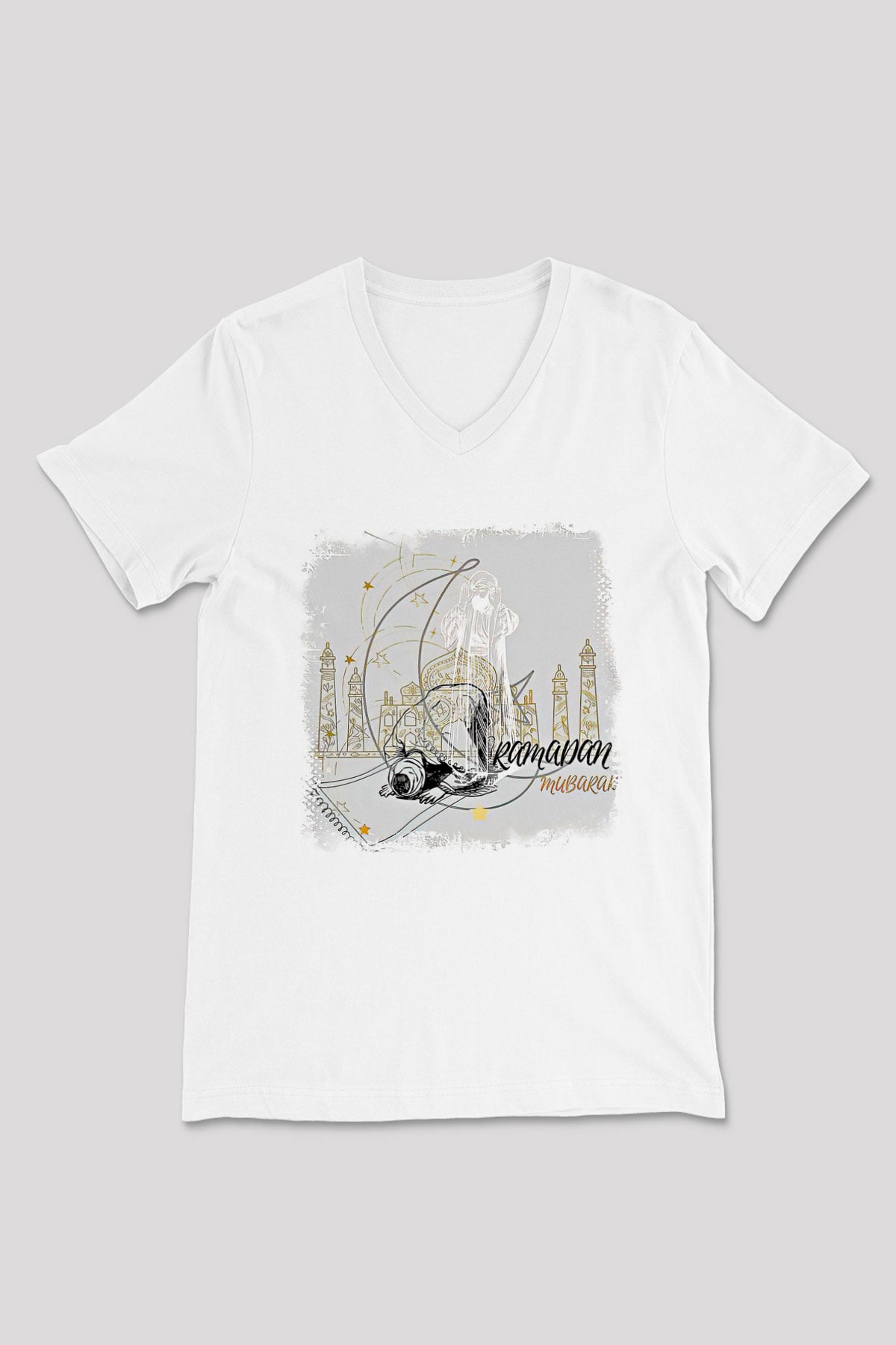 Ramazan Bayramı Baskılı Beyaz Unisex V Yaka Tişört - Tshirt