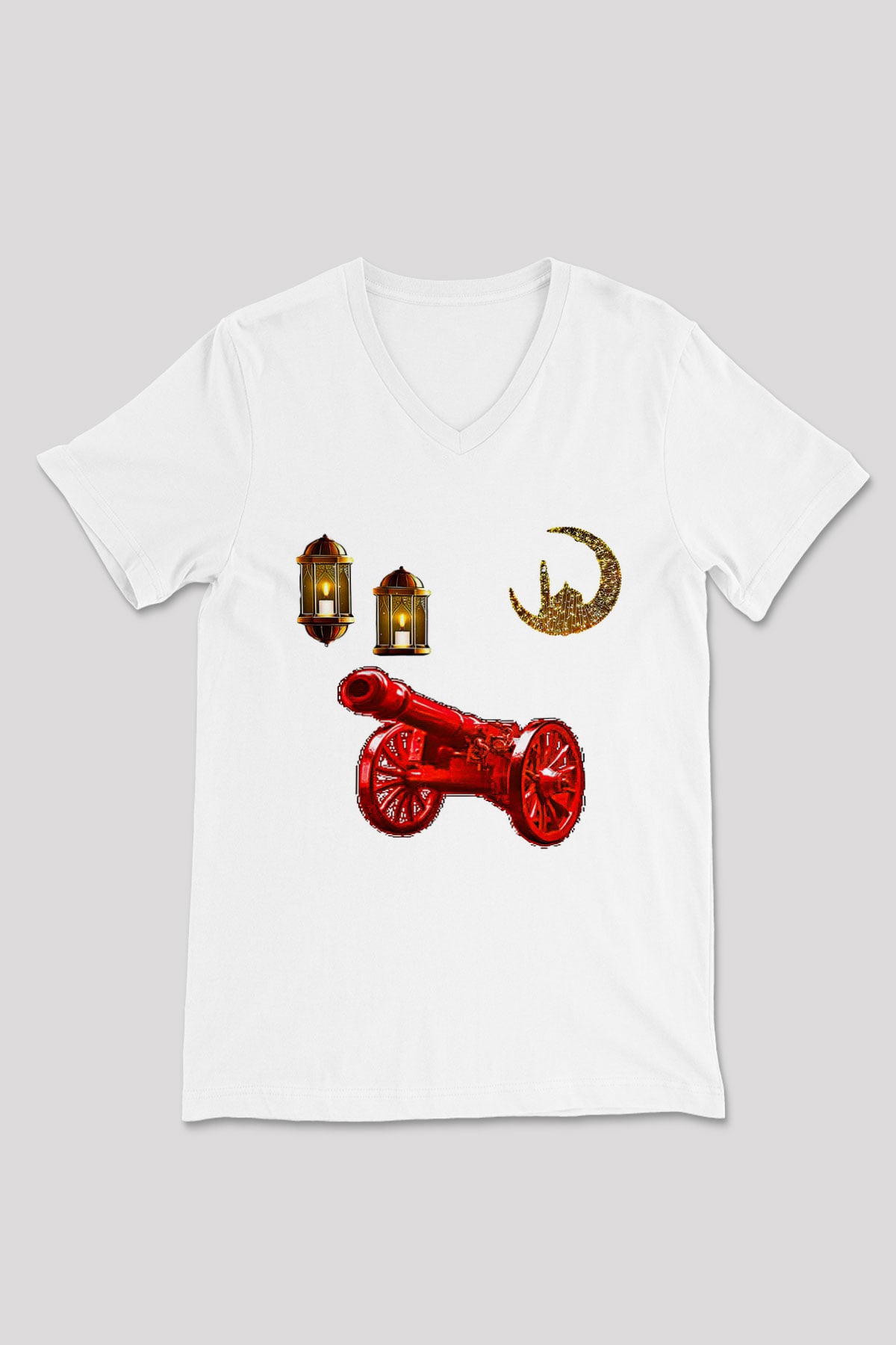 Ramazan Bayramı Baskılı Beyaz Unisex V Yaka Tişört - Tshirt