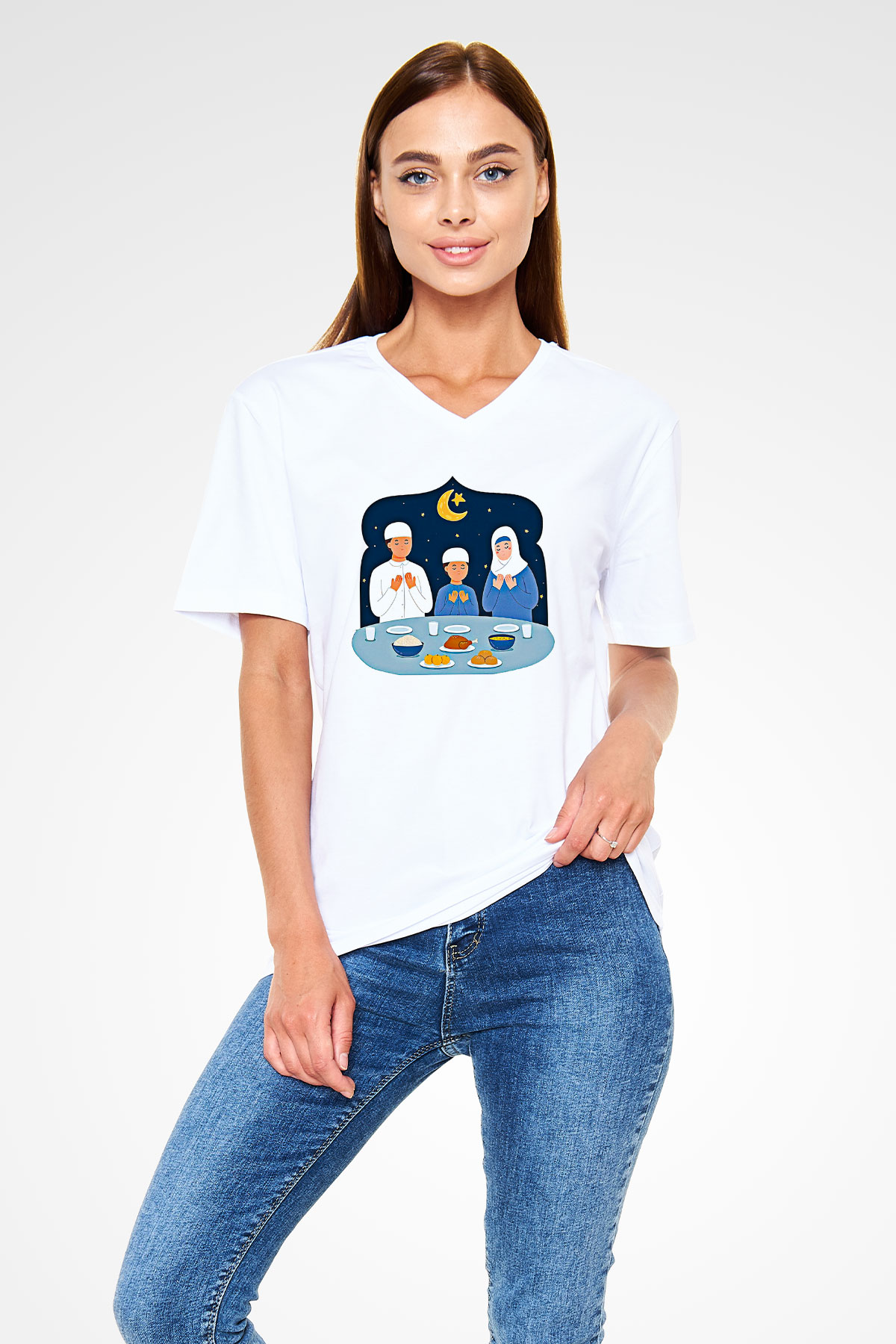 Ramazan Bayramı Baskılı Beyaz Unisex V Yaka Tişört - Tshirt