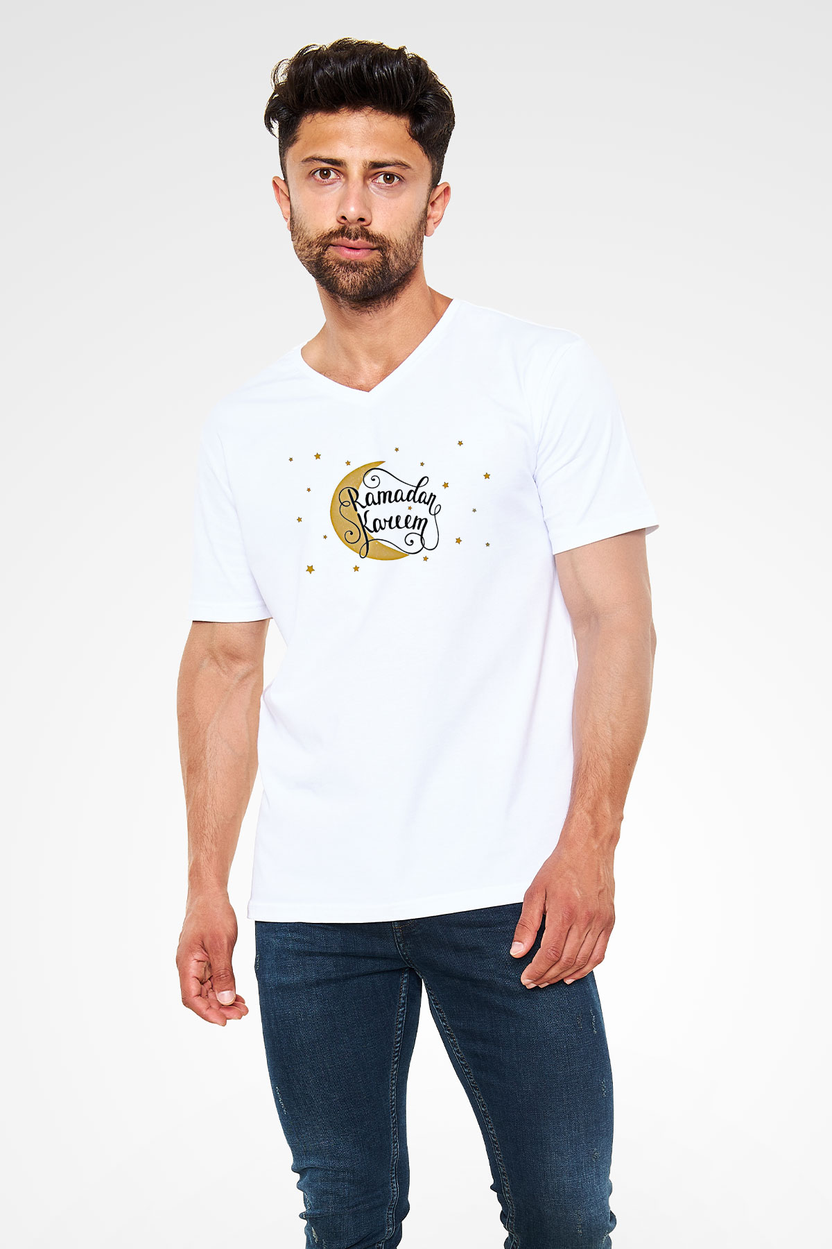 Ramazan Bayramı Baskılı Beyaz Unisex V Yaka Tişört - Tshirt