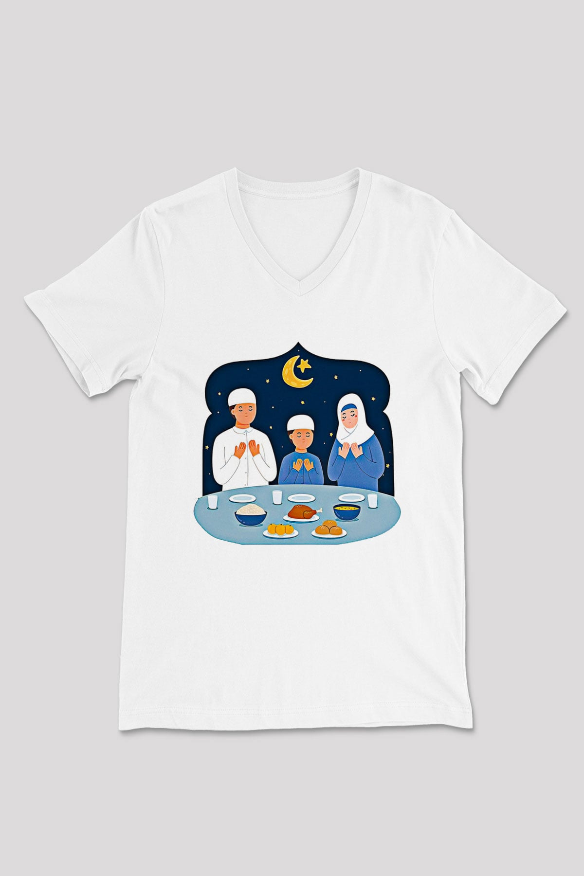 Ramazan Bayramı Baskılı Beyaz Unisex V Yaka Tişört - Tshirt