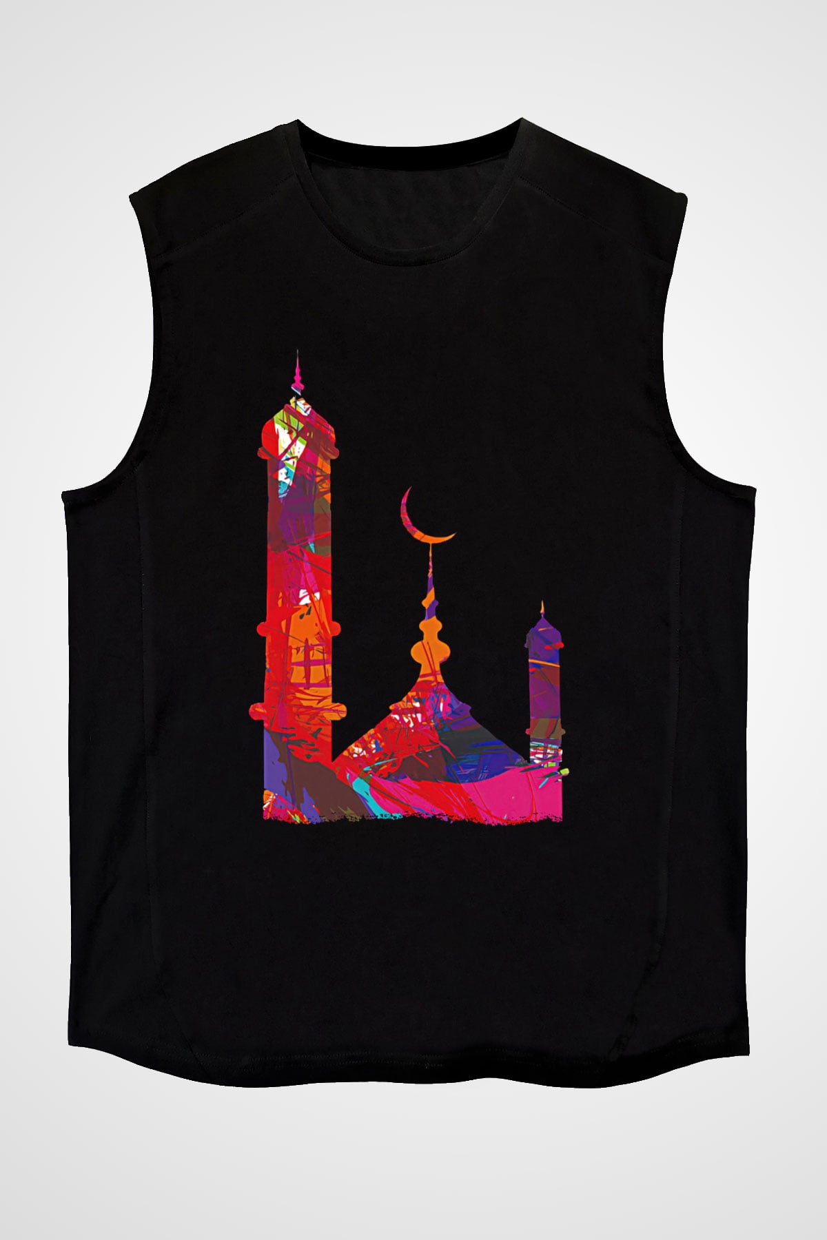 Ramazan Bayramı Baskılı Unisex Siyah Kolsuz Tişört - Tshirt