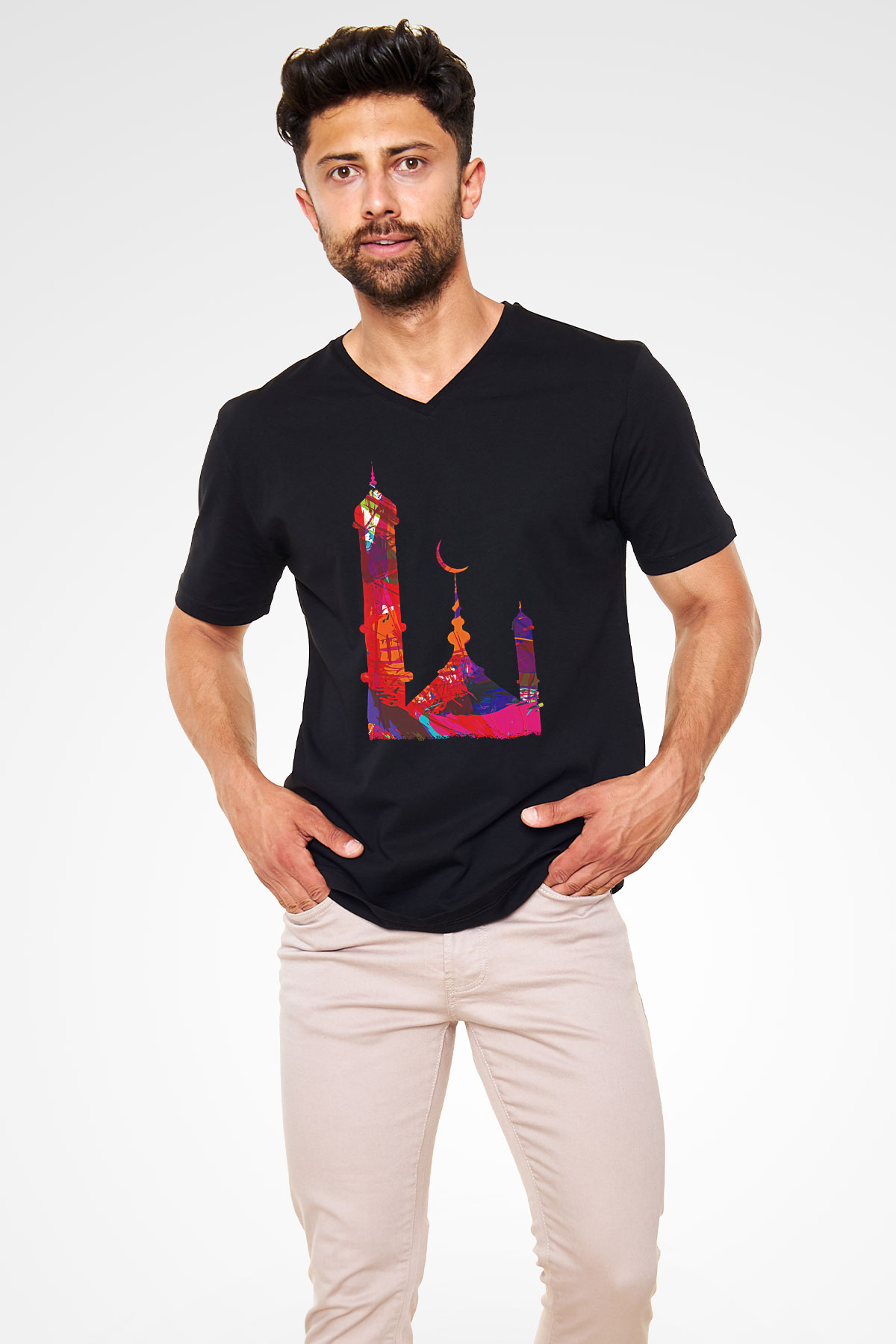 Ramazan Bayramı Baskılı Unisex Siyah V Yaka Tişört - Tshirt