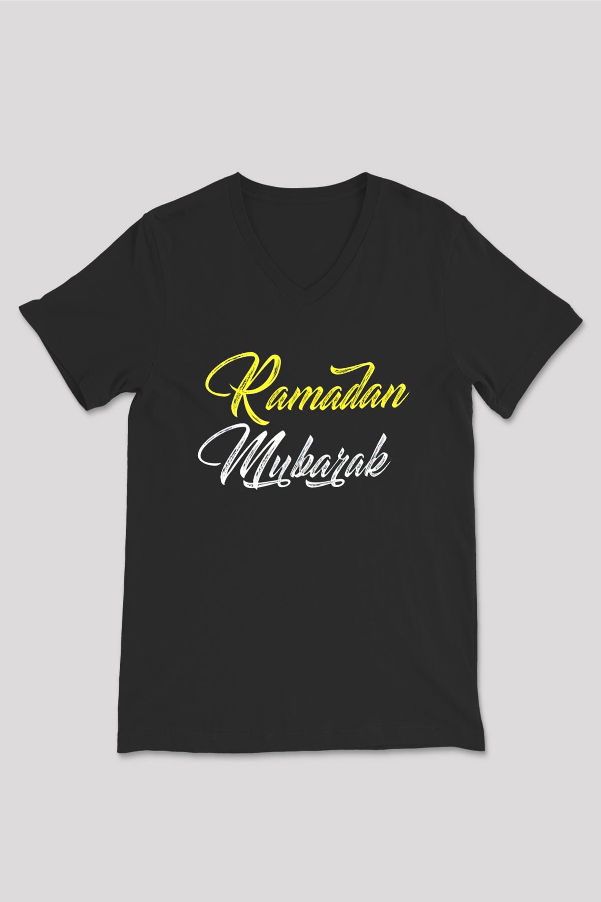 Ramazan Bayramı Baskılı Unisex Siyah V Yaka Tişört - Tshirt