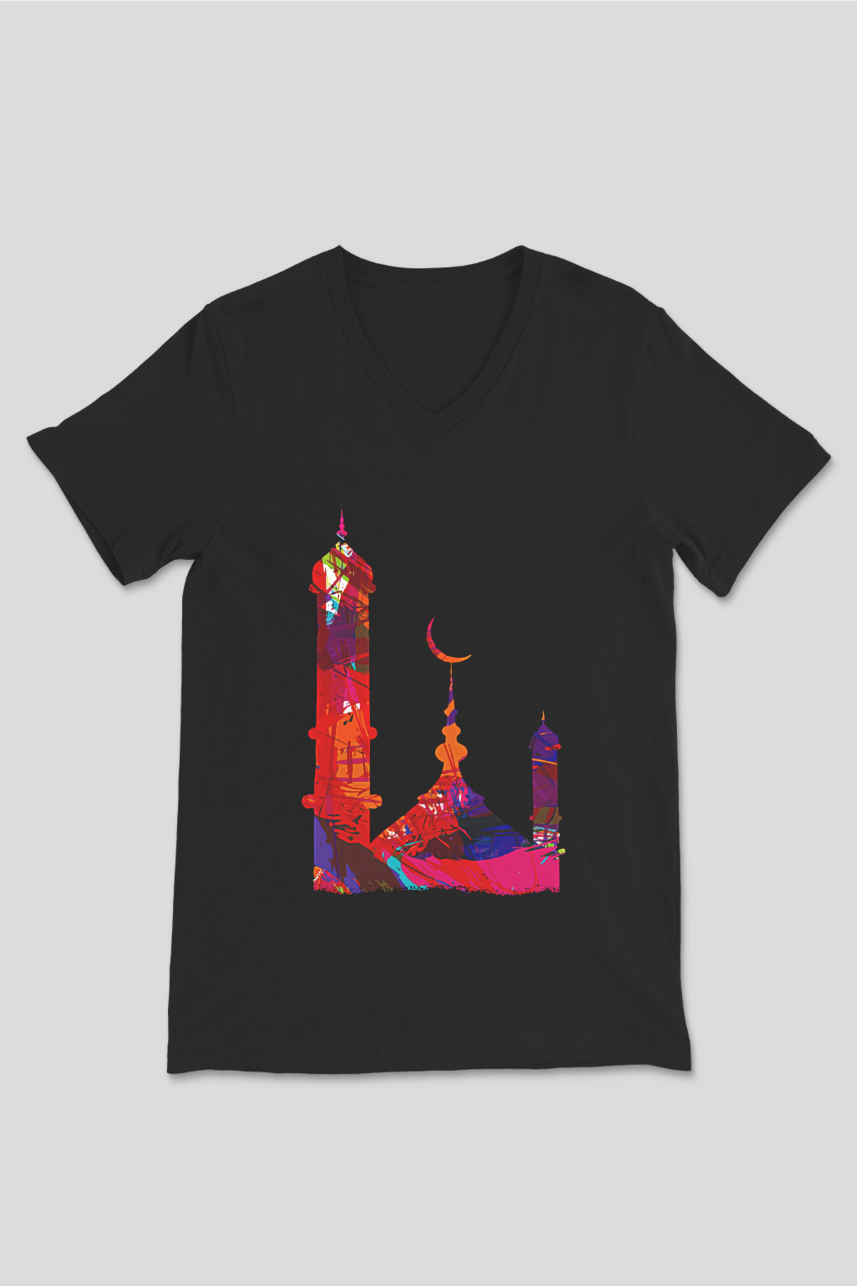 Ramazan Bayramı Baskılı Unisex Siyah V Yaka Tişört - Tshirt