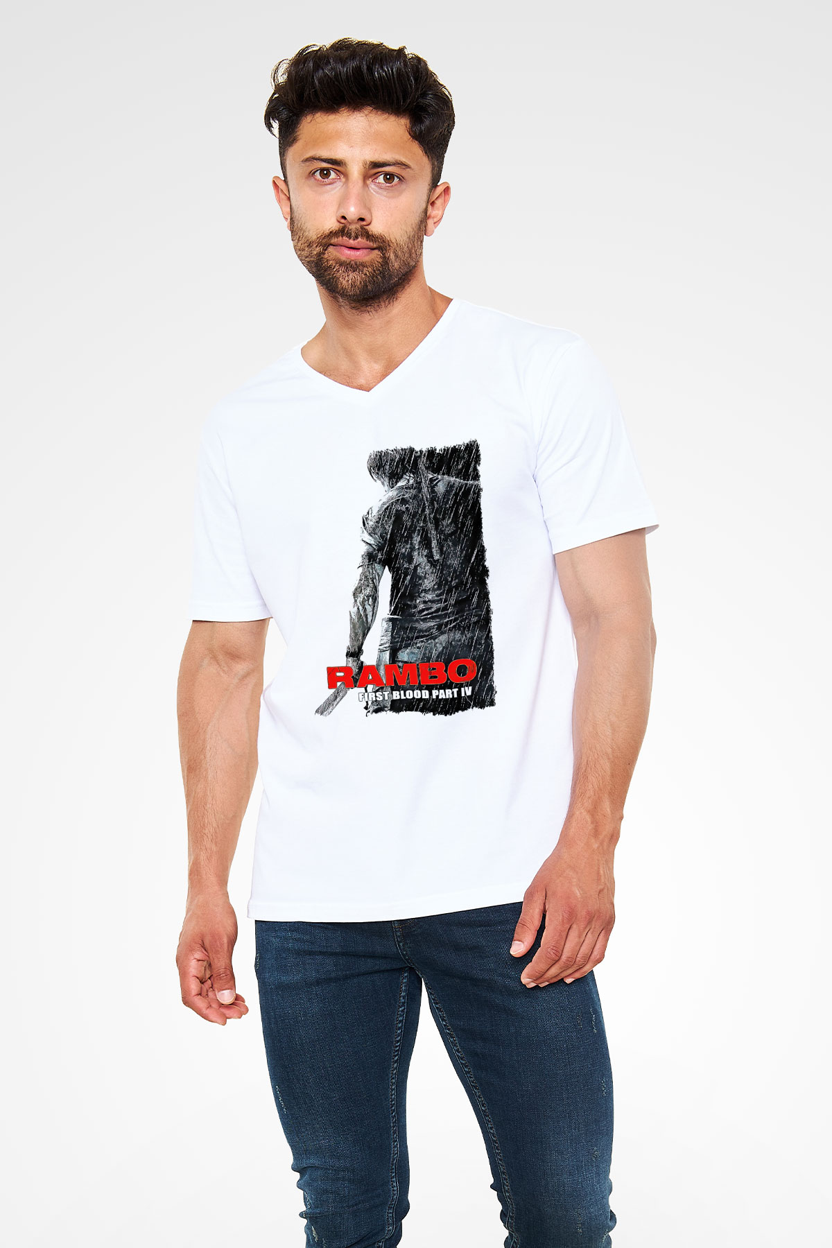 Rambo Beyaz Unisex V Yaka Tişört