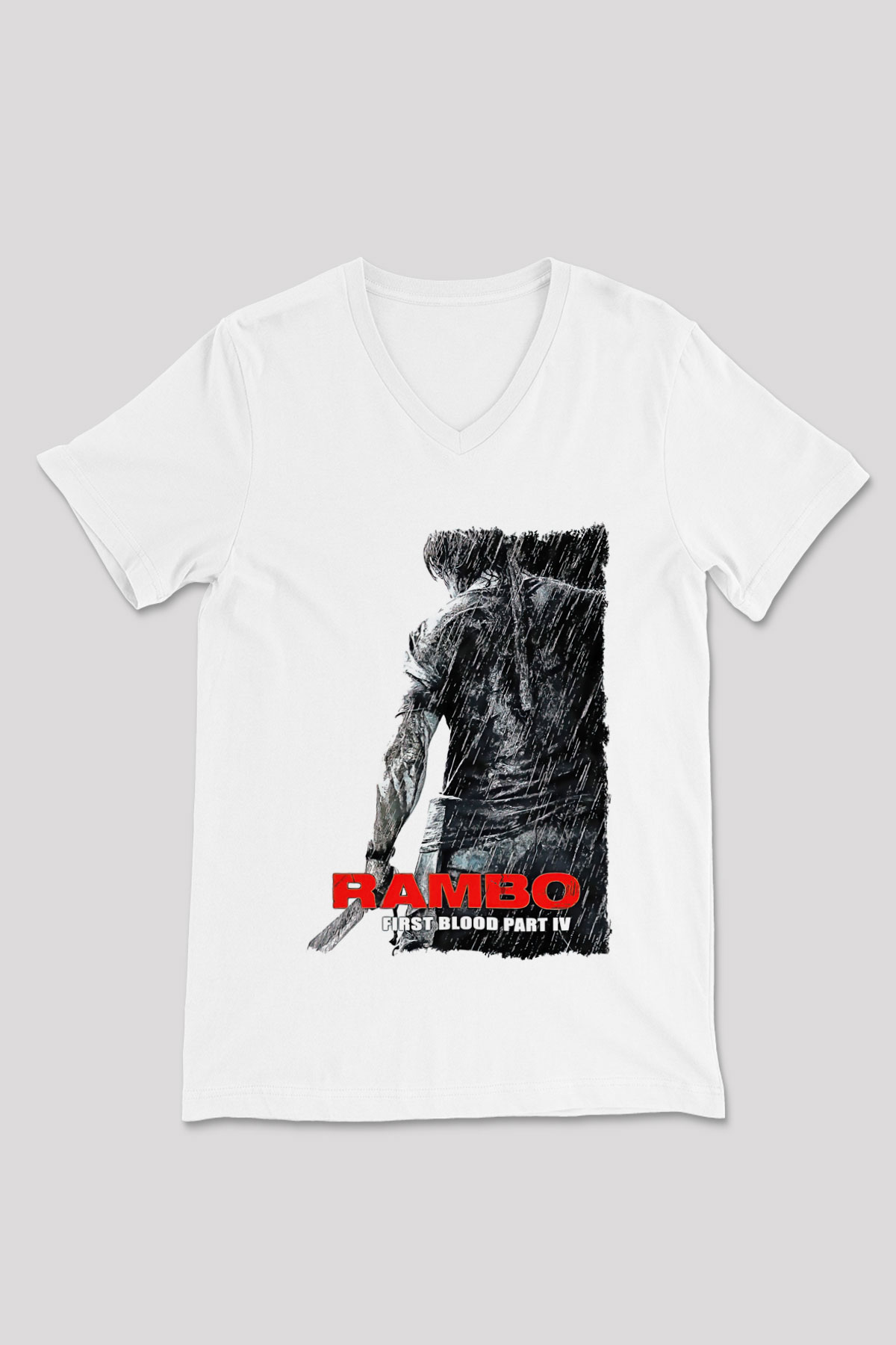 Rambo Beyaz Unisex V Yaka Tişört