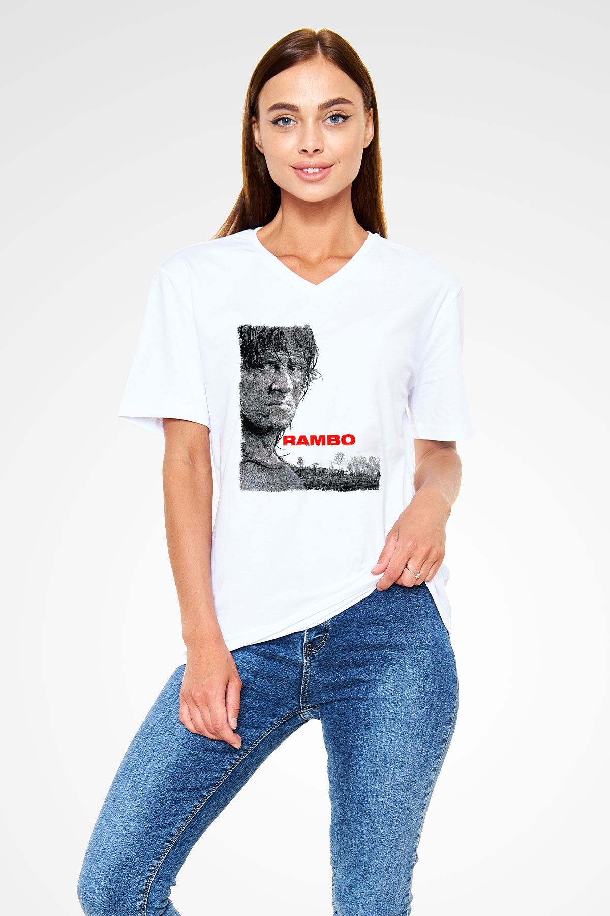 Rambo Beyaz Unisex V Yaka Tişört