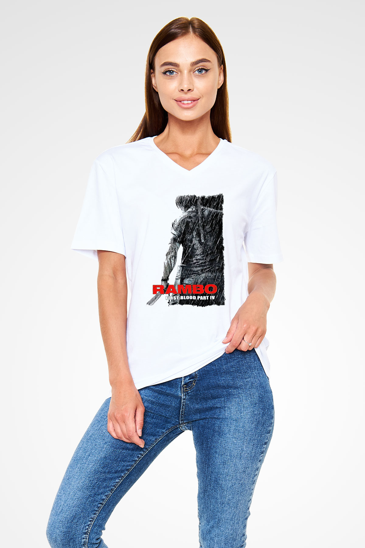 Rambo Beyaz Unisex V Yaka Tişört