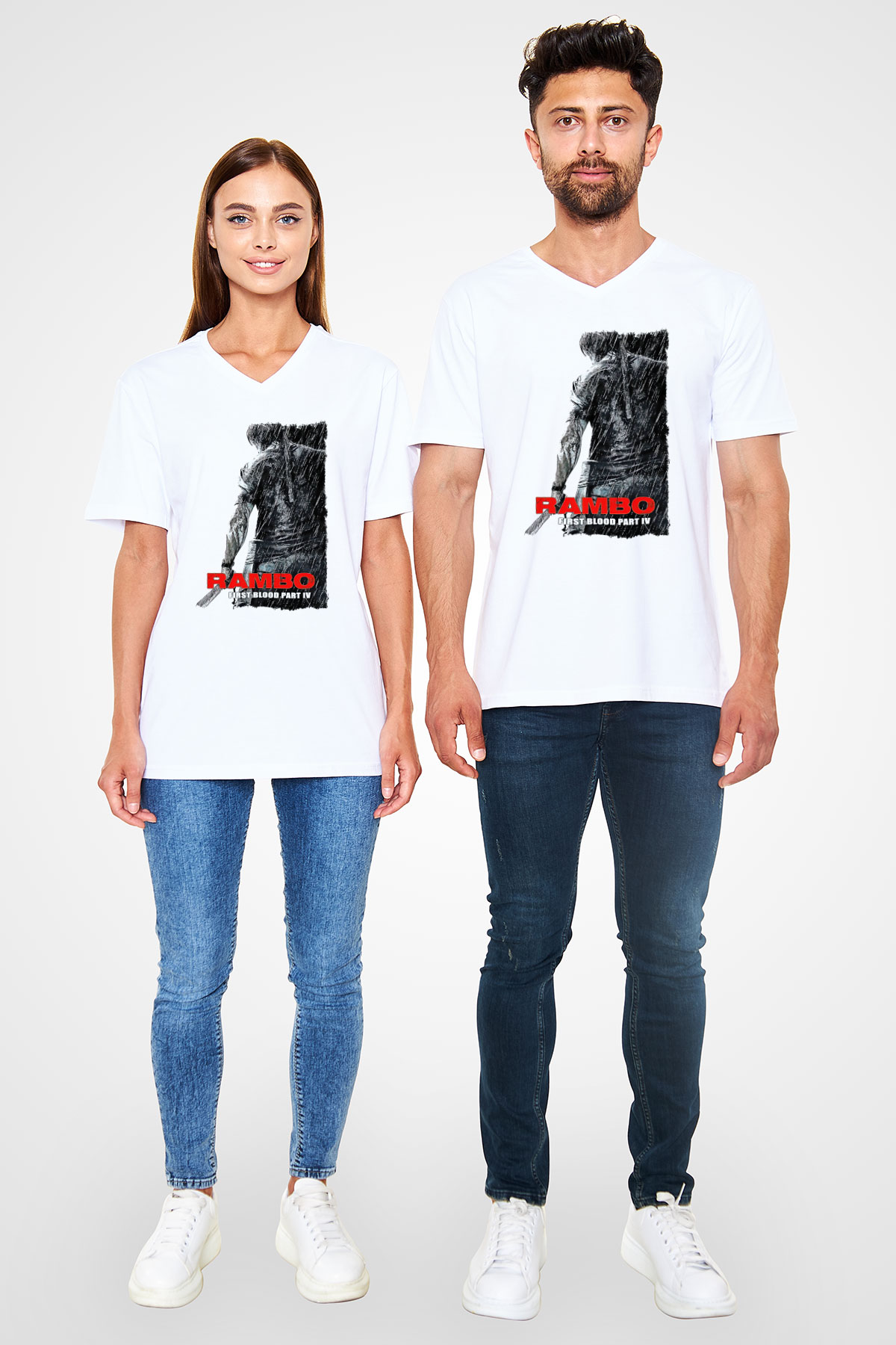 Rambo Beyaz Unisex V Yaka Tişört