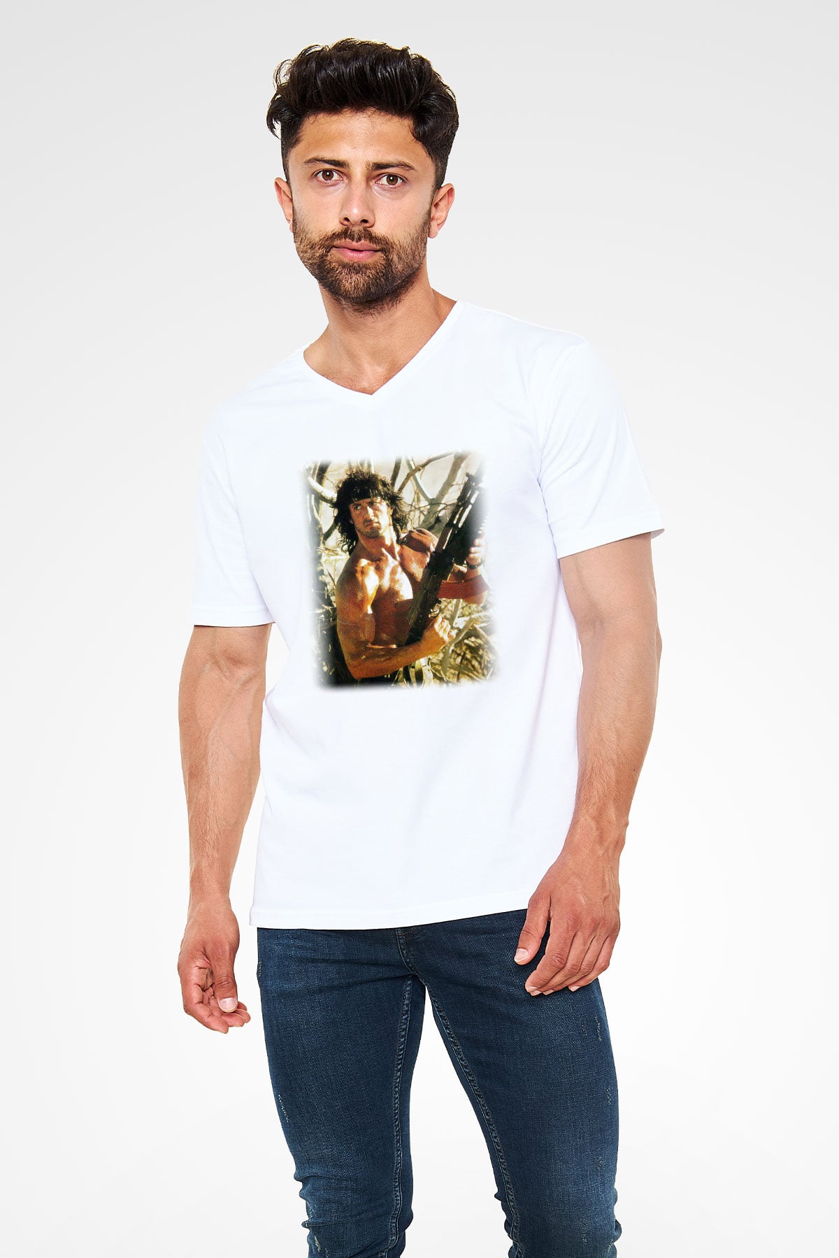 Rambo Beyaz Unisex V Yaka Tişört T-Shirt