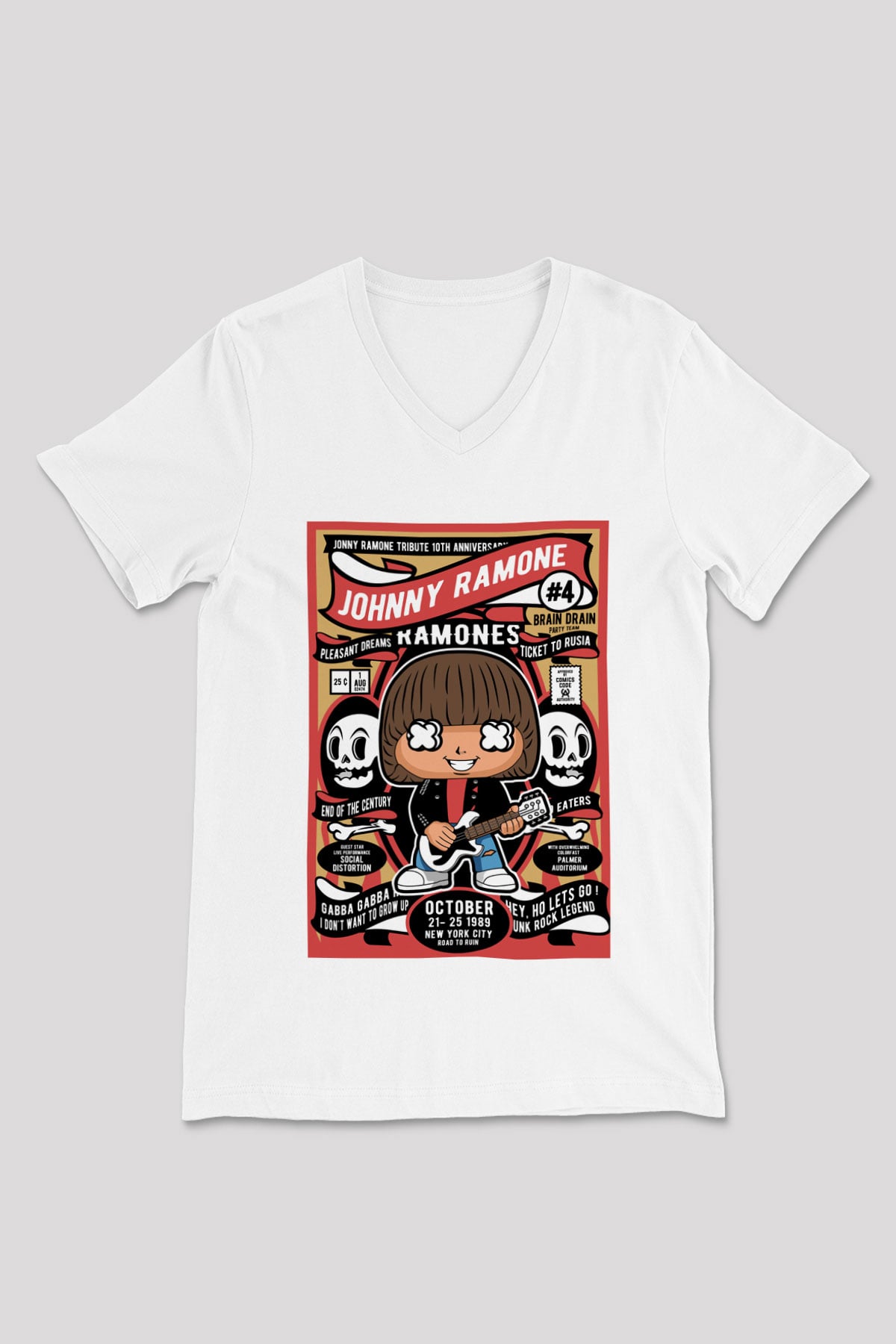 Ramones Baskılı Unisex Beyaz V Yaka Tişört