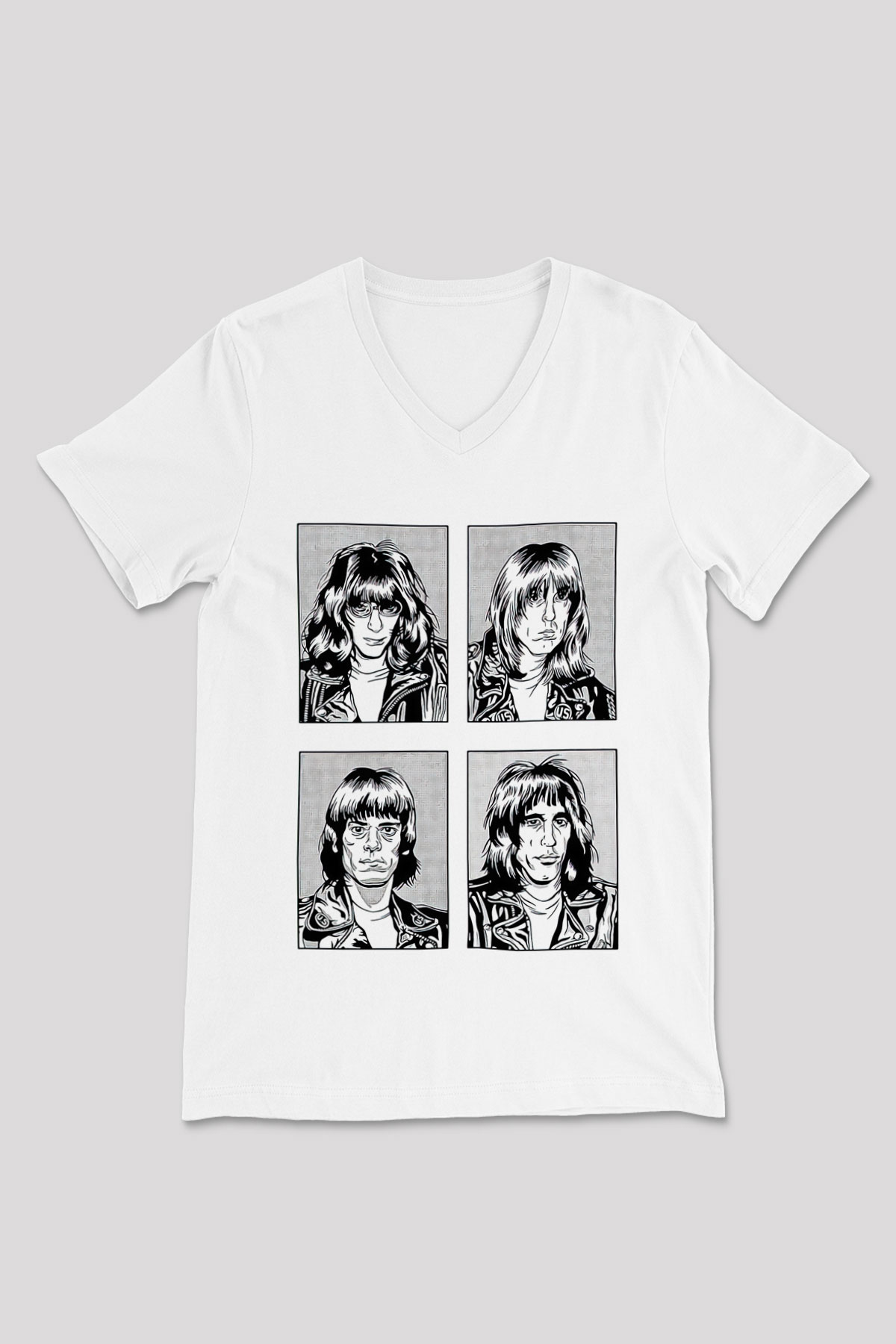 Ramones Beyaz Unisex V Yaka Tişört