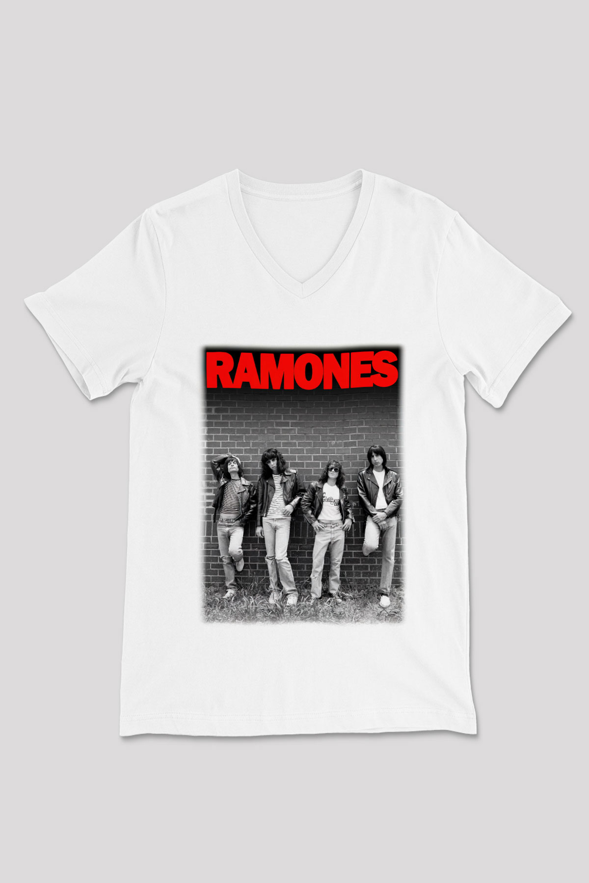Ramones Beyaz Unisex V Yaka Tişört T-Shirt