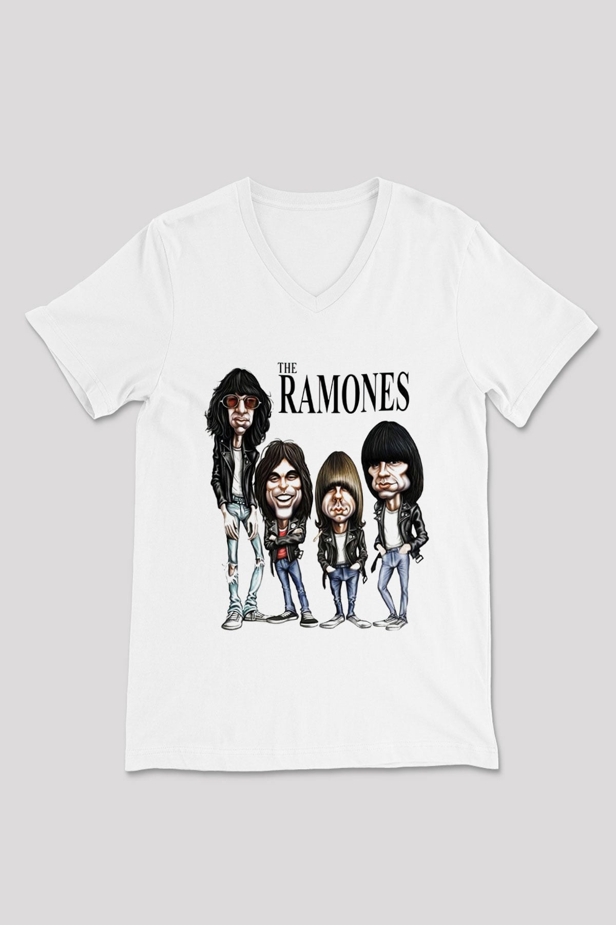 Ramones Beyaz Unisex V Yaka Tişört T-Shirt