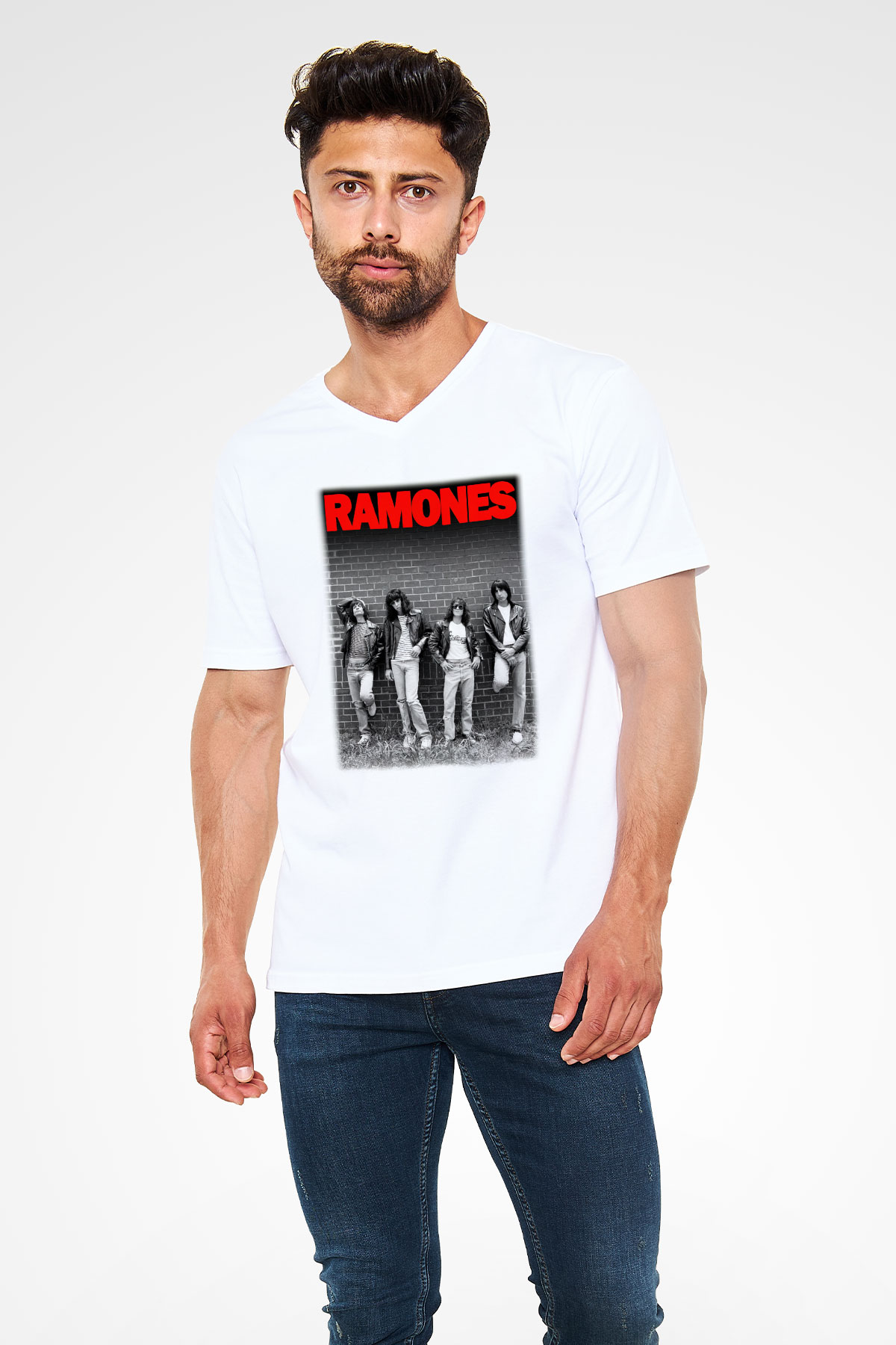 Ramones Beyaz Unisex V Yaka Tişört T-Shirt