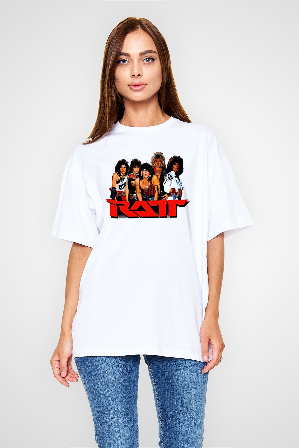 Ratt Baskılı Beyaz Unisex Oversize Tişört - Tshirt