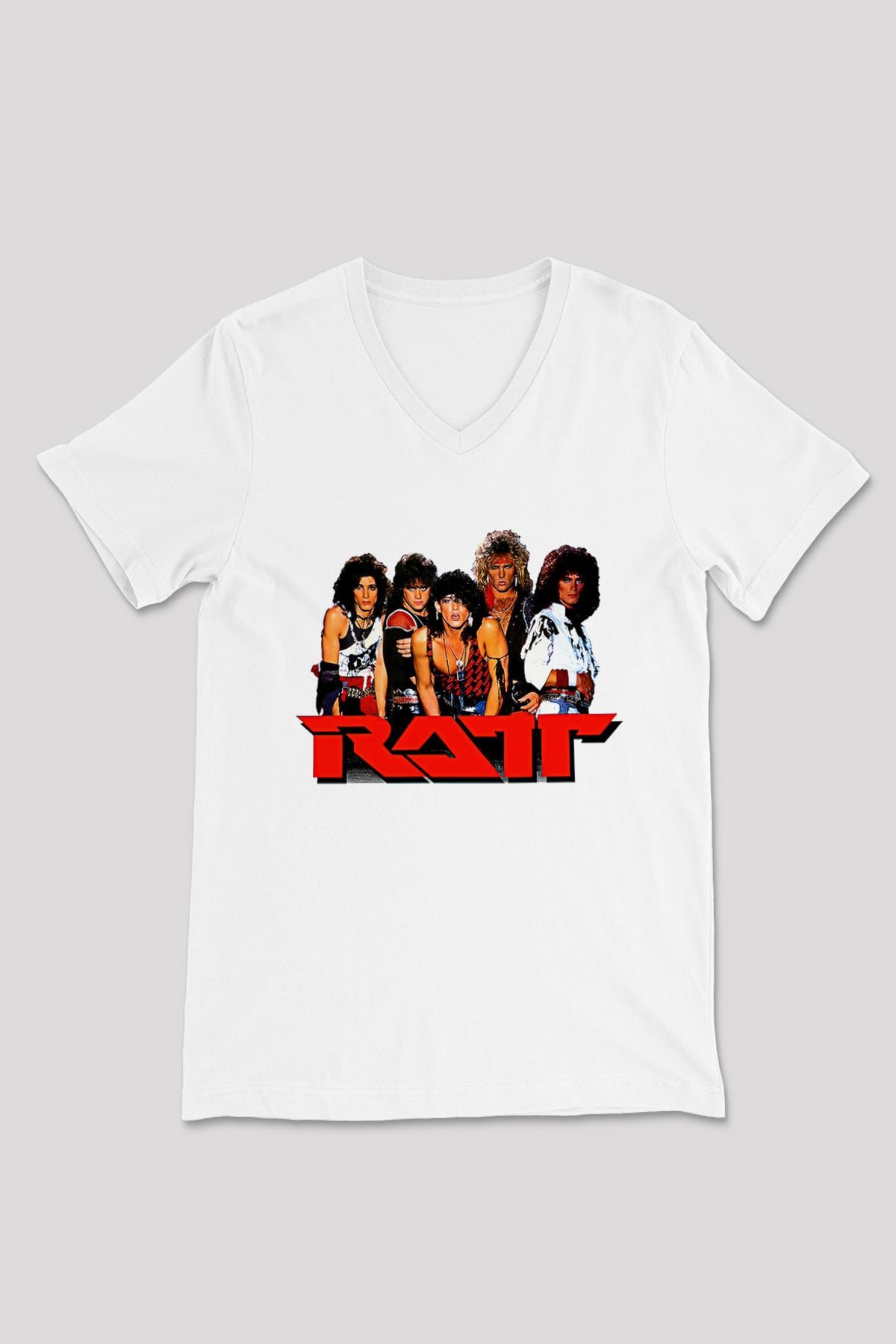 Ratt Baskılı Beyaz Unisex V Yaka Tişört - Tshirt