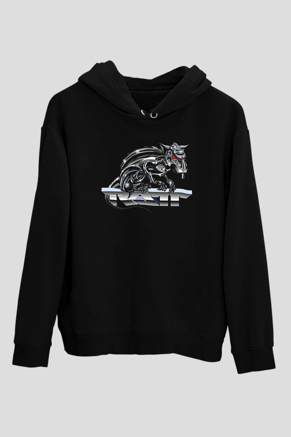 Ratt Baskılı Unisex Siyah Kapüşonlu Sweatshirt