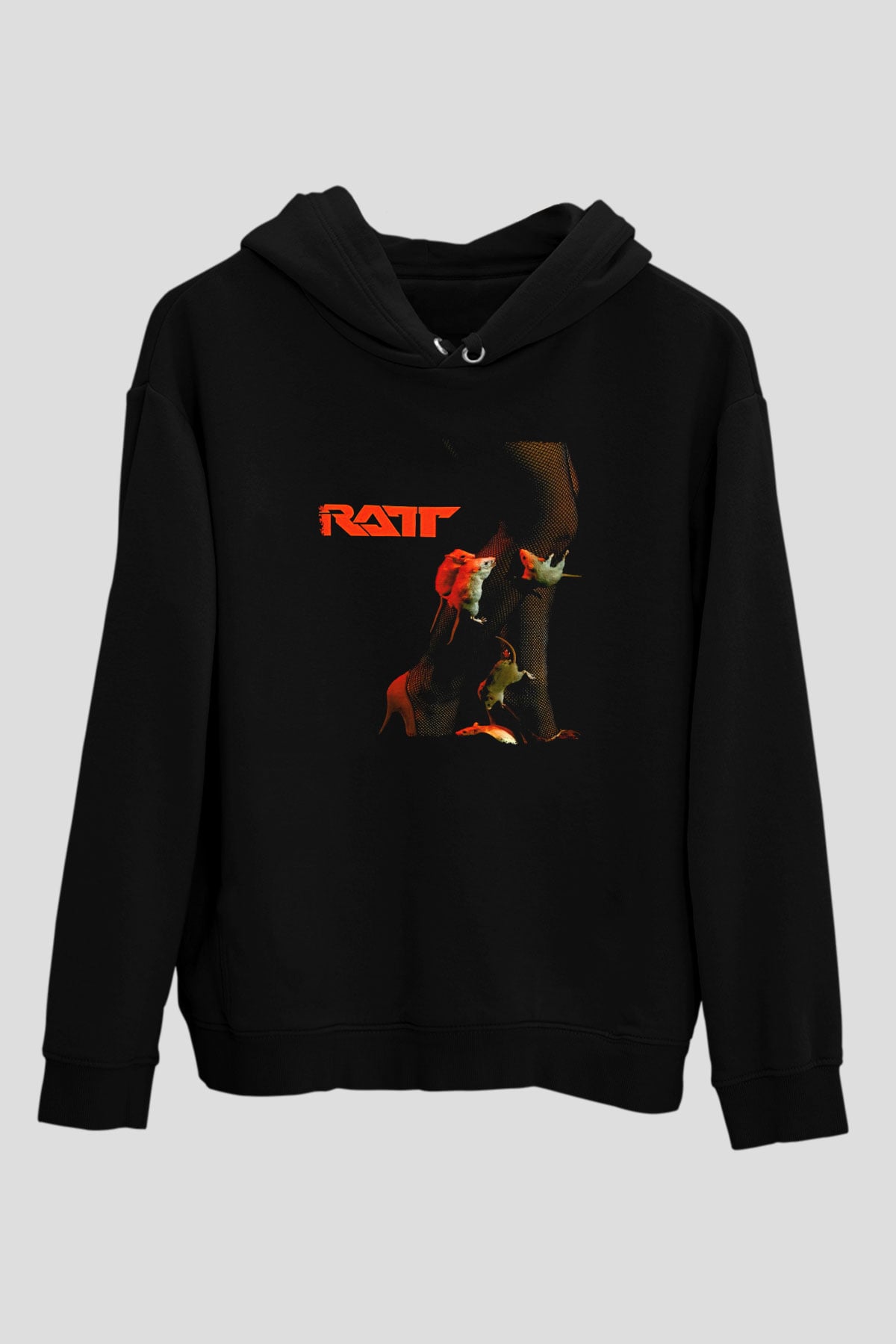 Ratt Baskılı Unisex Siyah Kapüşonlu Sweatshirt