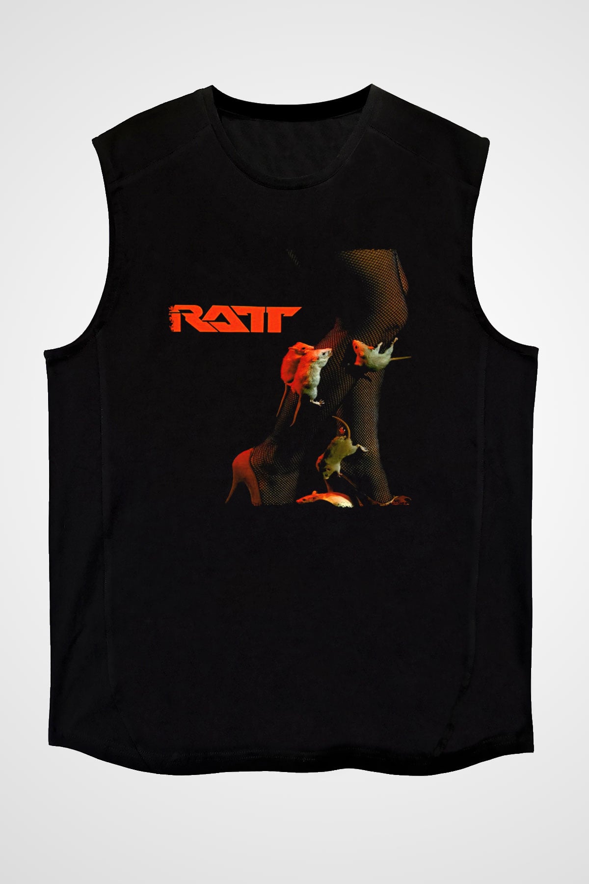 Ratt Baskılı Unisex Siyah Kolsuz Tişört - Tshirt