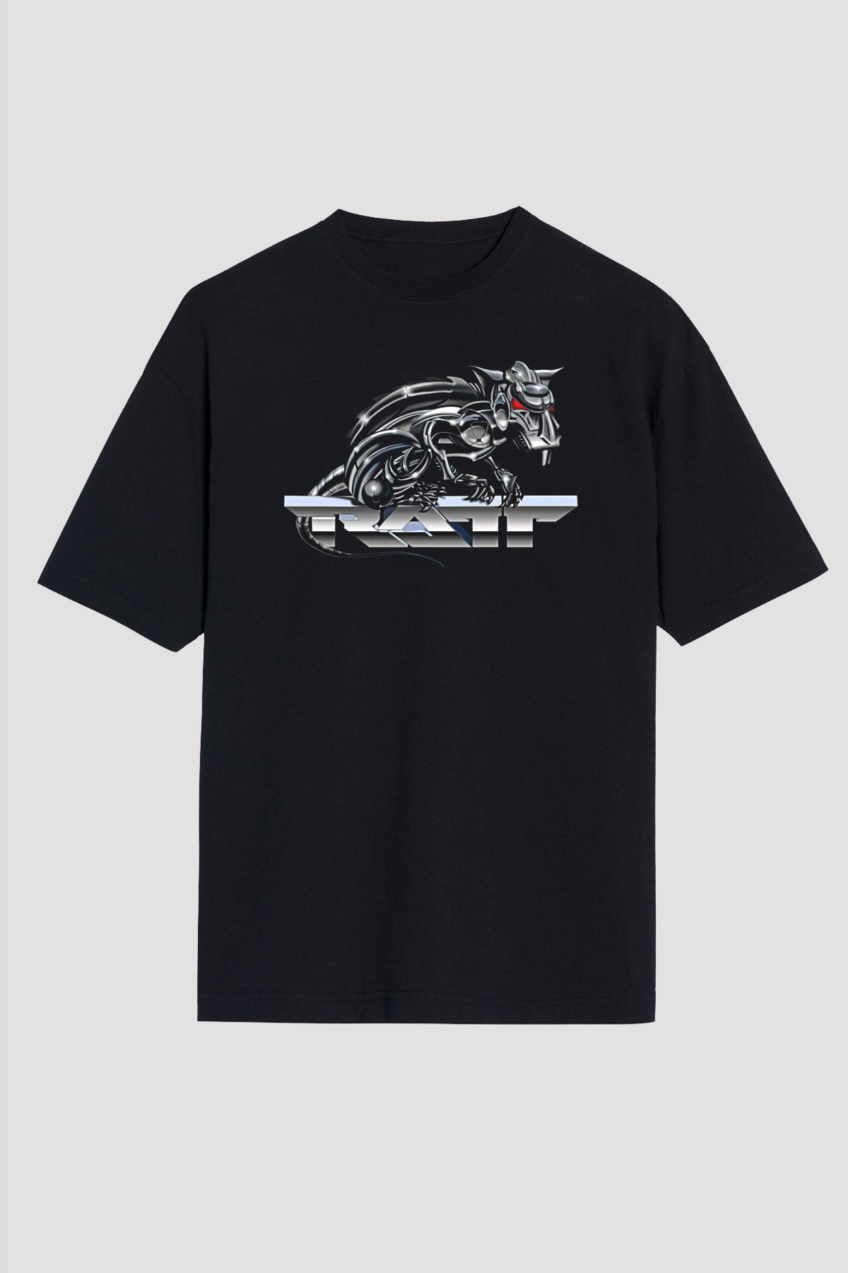 Ratt Baskılı Unisex Siyah Oversize Tişört - Tshirt