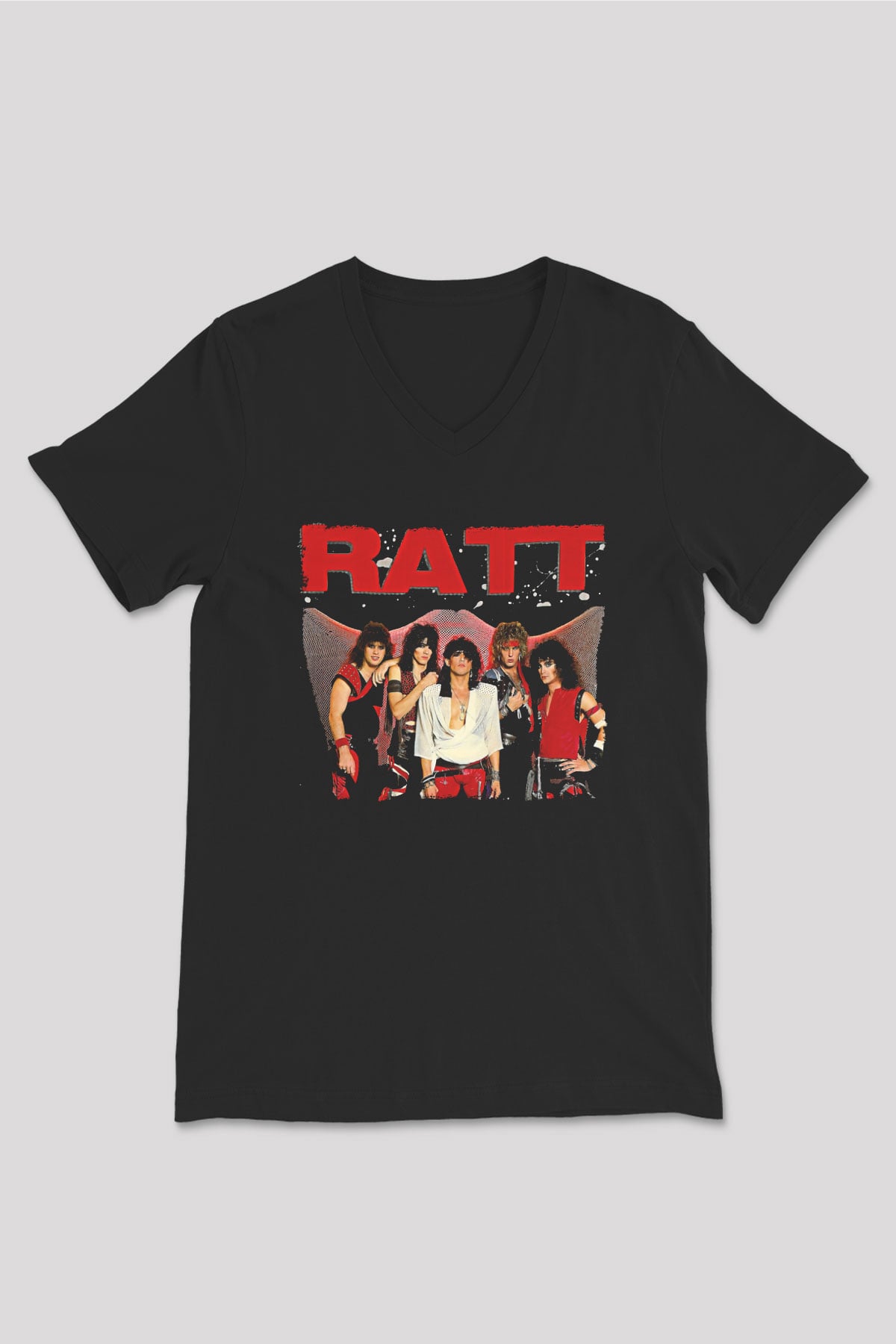 Ratt Baskılı Unisex Siyah V Yaka Tişört - Tshirt