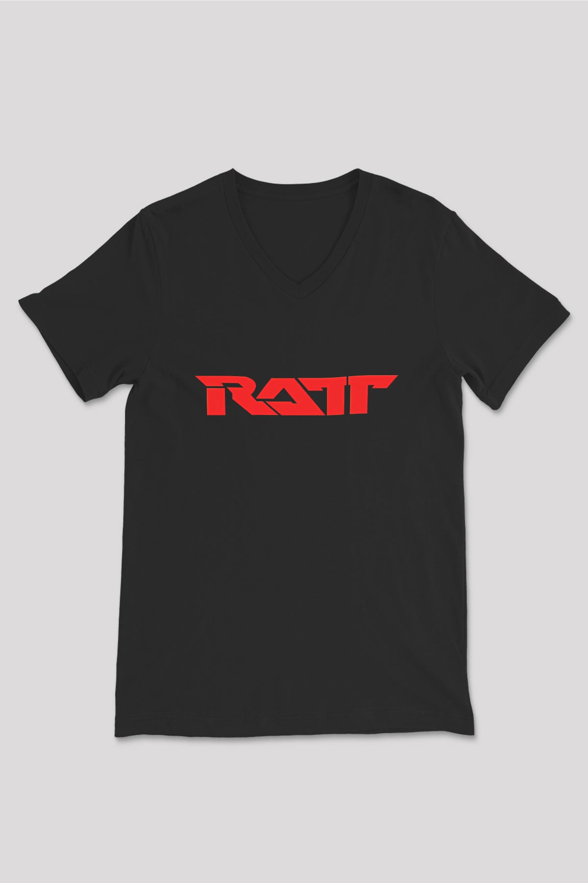 Ratt Baskılı Unisex Siyah V Yaka Tişört - Tshirt