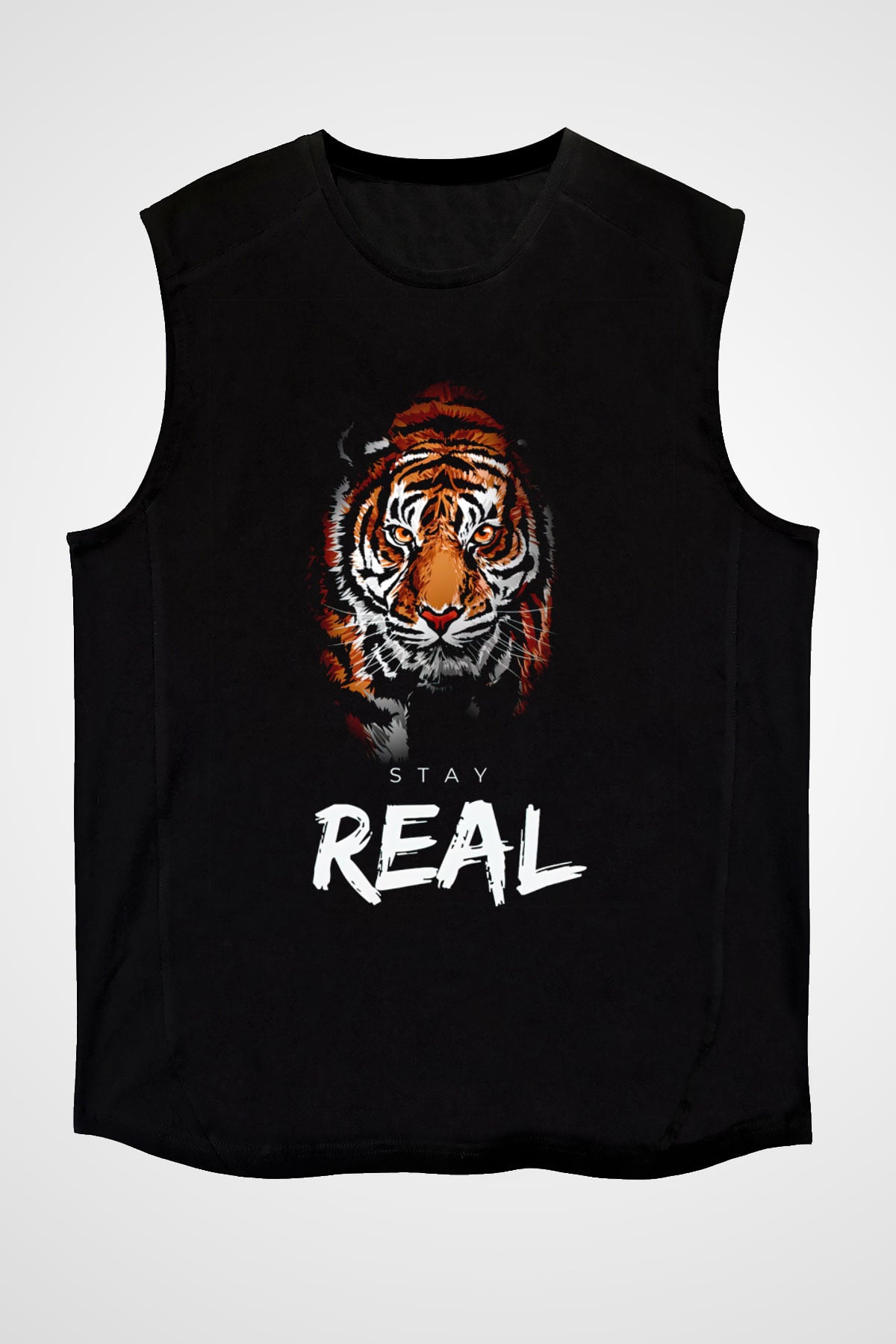Real Stay Kaplan Baskılı Unisex Siyah  Kolsuz Tişört