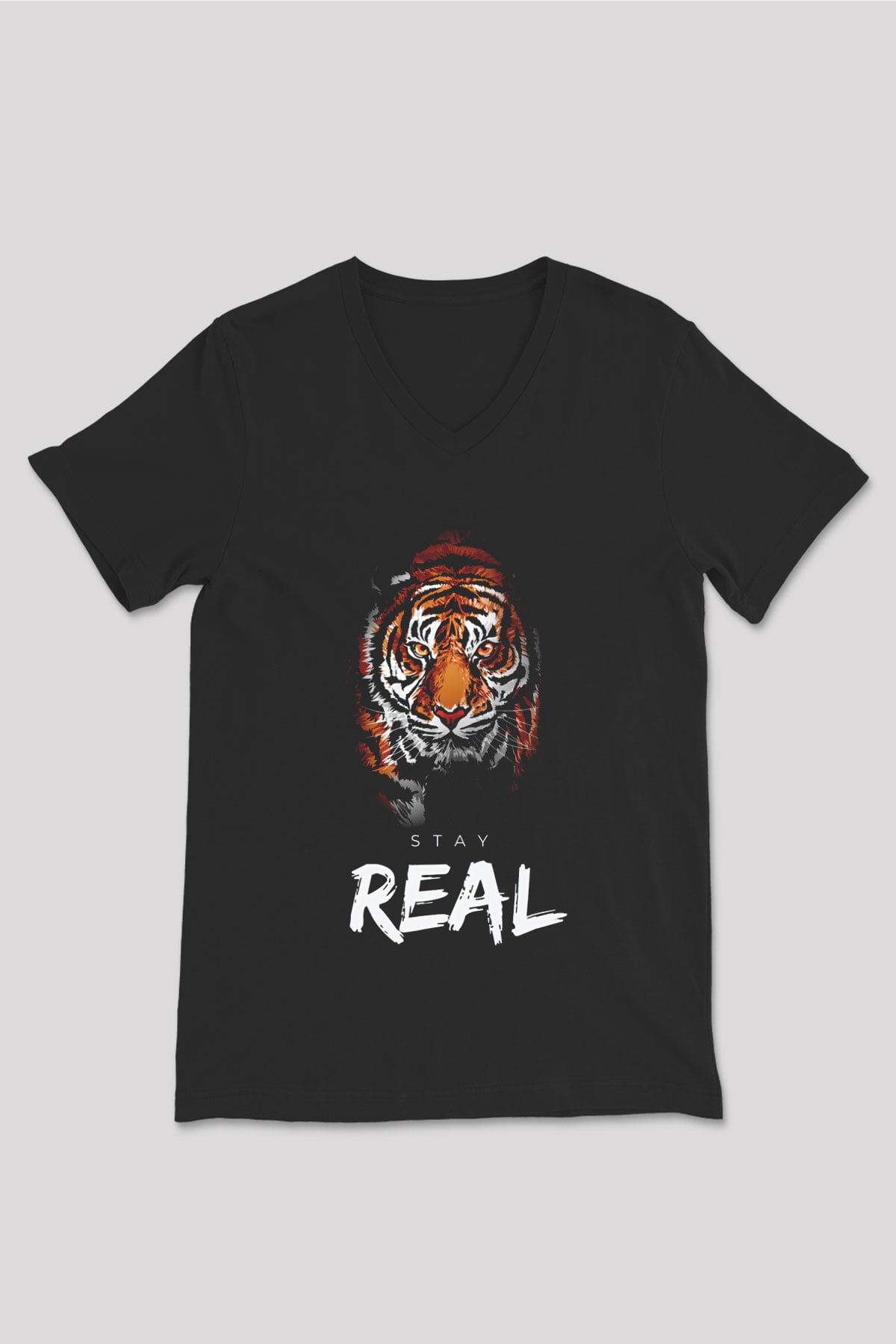 Real Stay Kaplan Baskılı Unisex Siyah  V Yaka Tişört