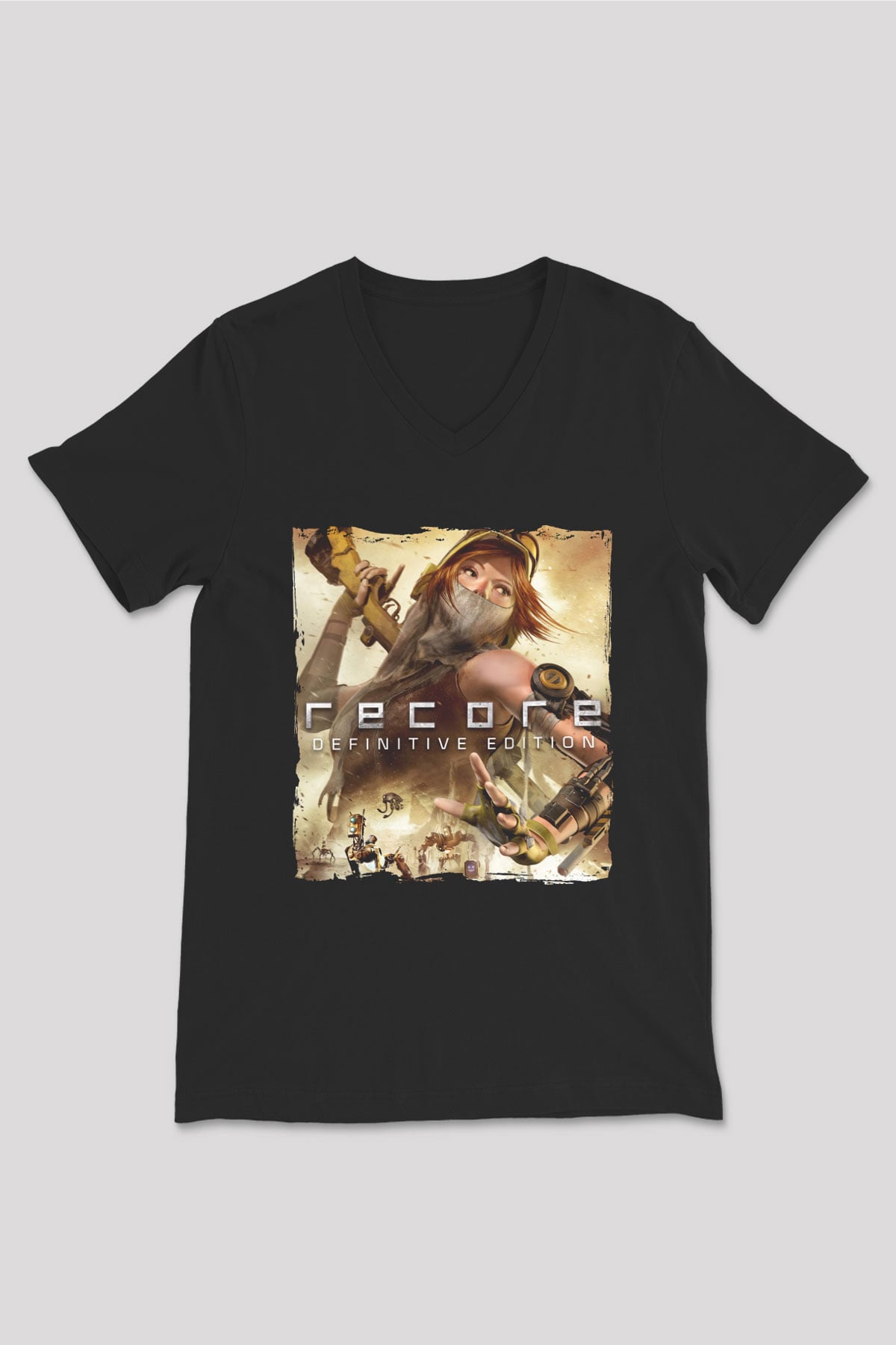 ReCore Siyah Unisex V Yaka Tişört