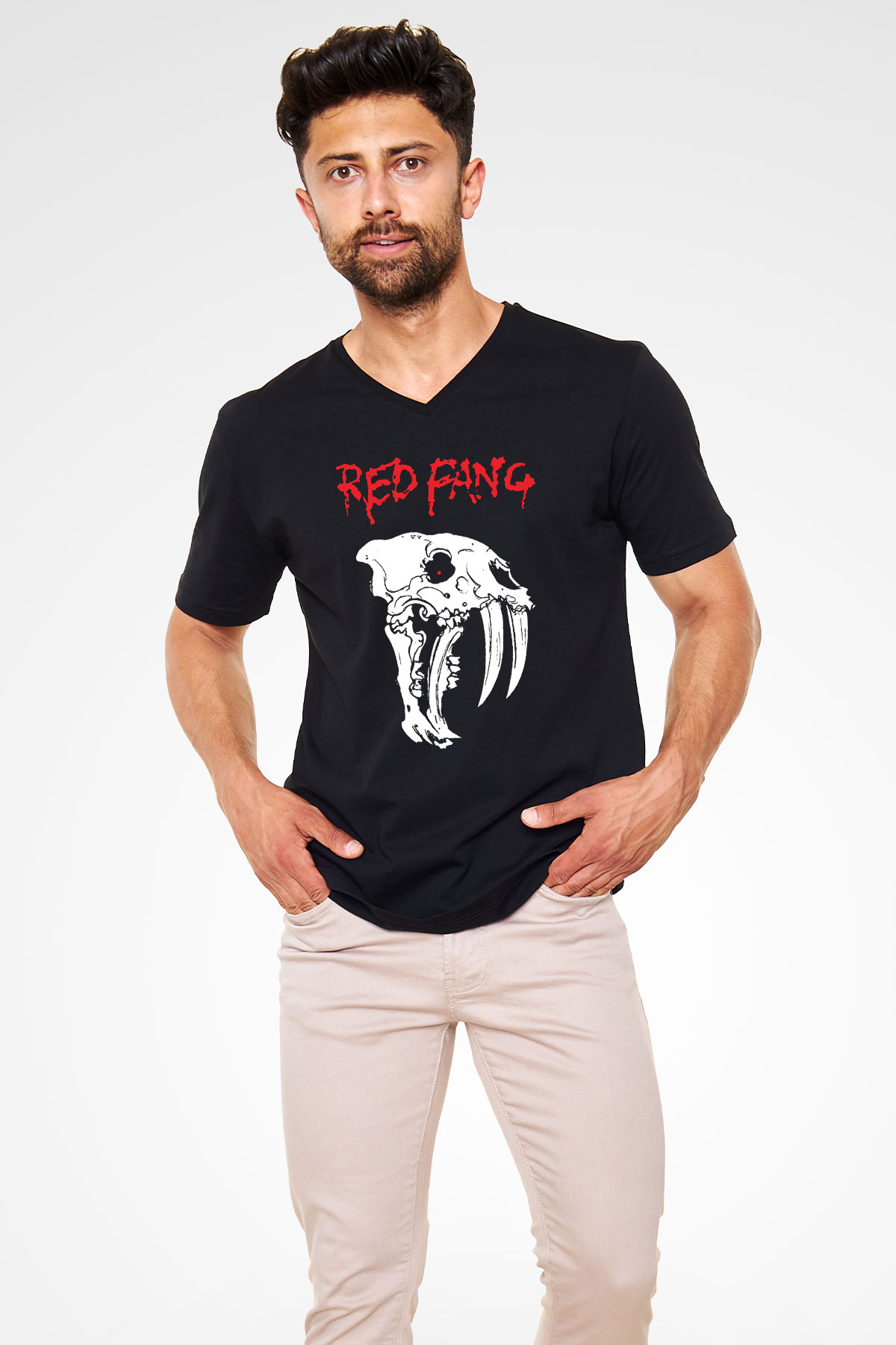 Red Fang Siyah Unisex V Yaka Tişört T-Shirt