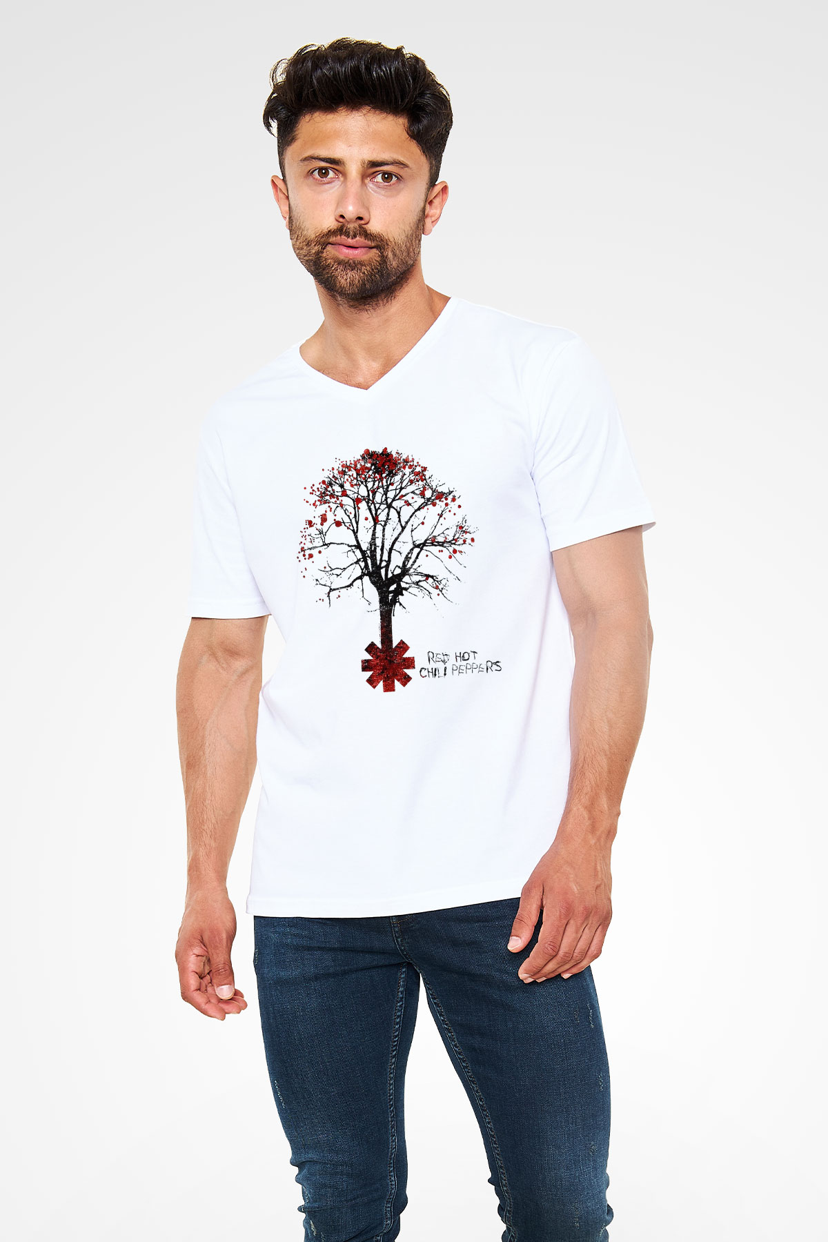 Red Hot Chili Peppers Beyaz Unisex V Yaka Tişört T-Shirt