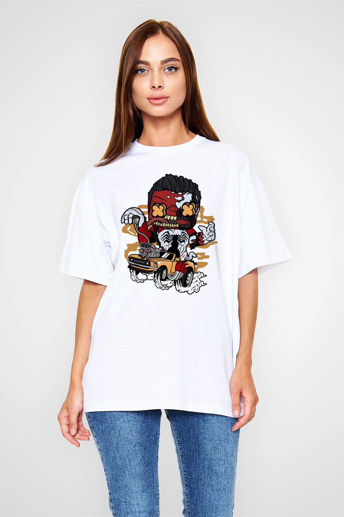 Red Hulk Anti Venom Car Race Baskılı Beyaz Unisex Oversize Tişört