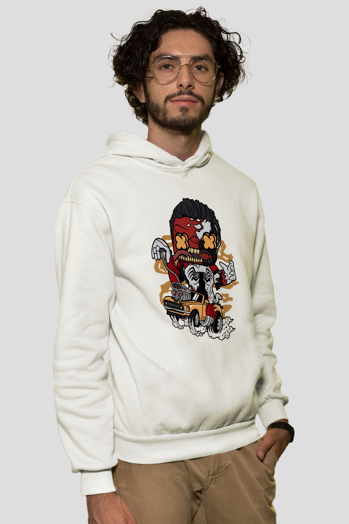 Red Hulk Anti Venom Car Race Baskılı Beyaz Unisex Hoodie
