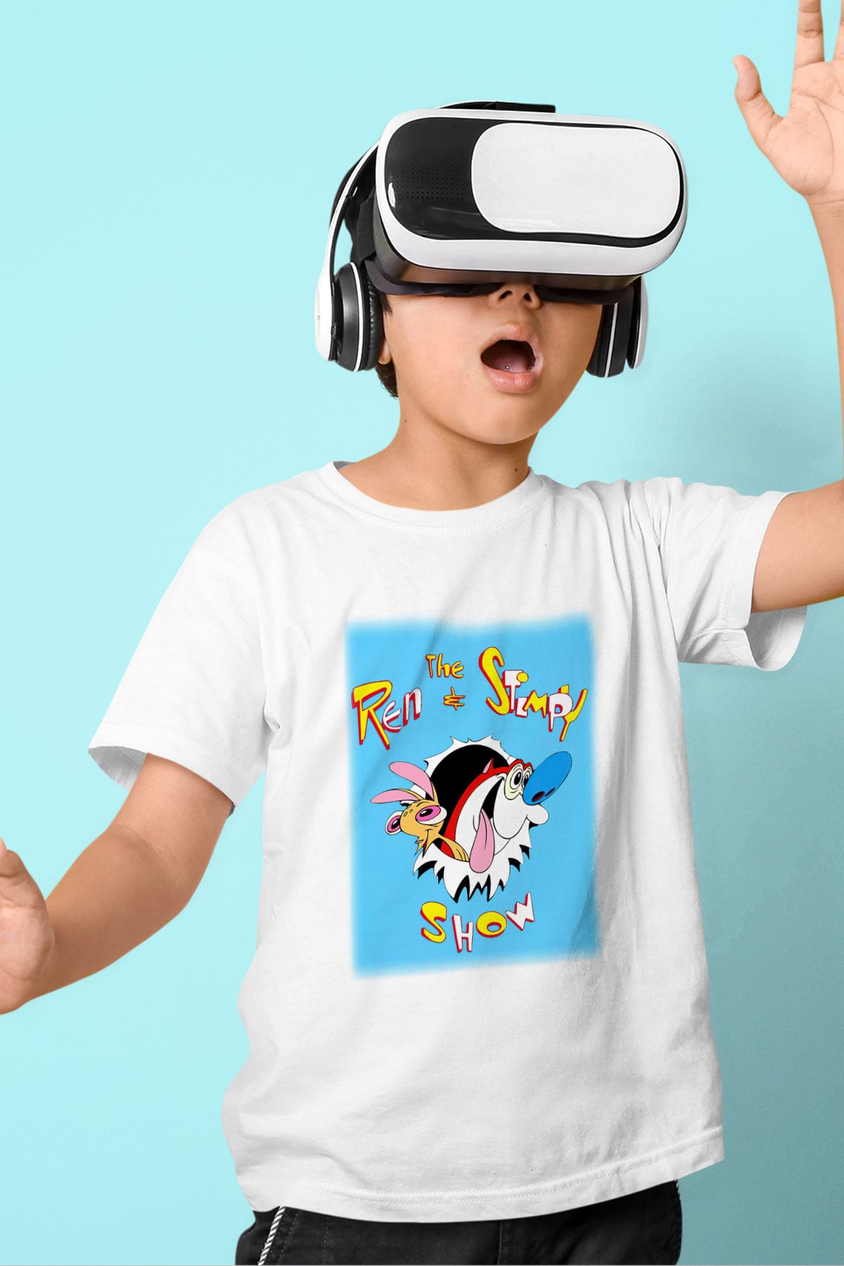 Ren and Stimpy Show Baskılı Beyaz Unisex Çocuk Tişört