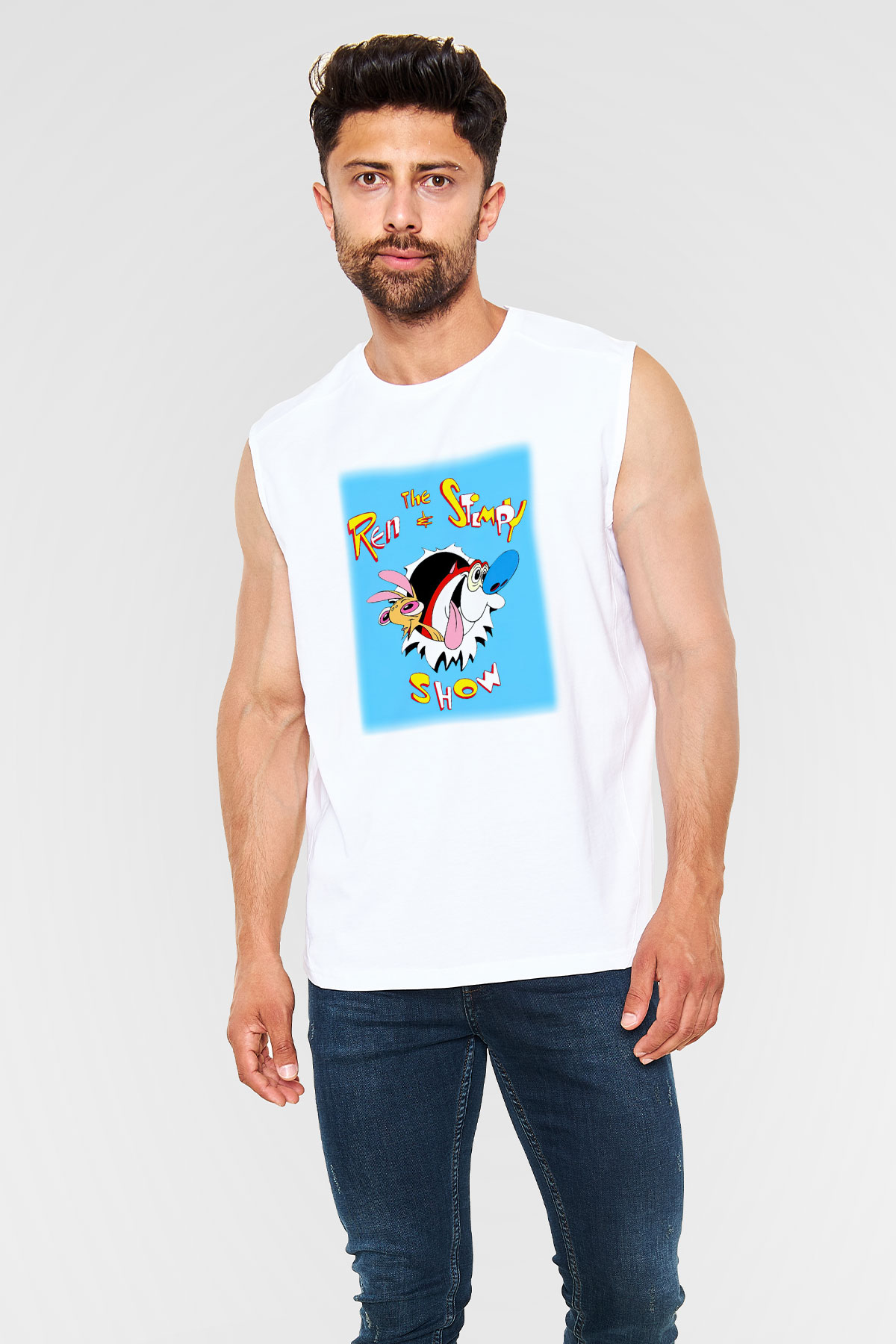 Ren and Stimpy Show Beyaz Unisex Kolsuz Tişört