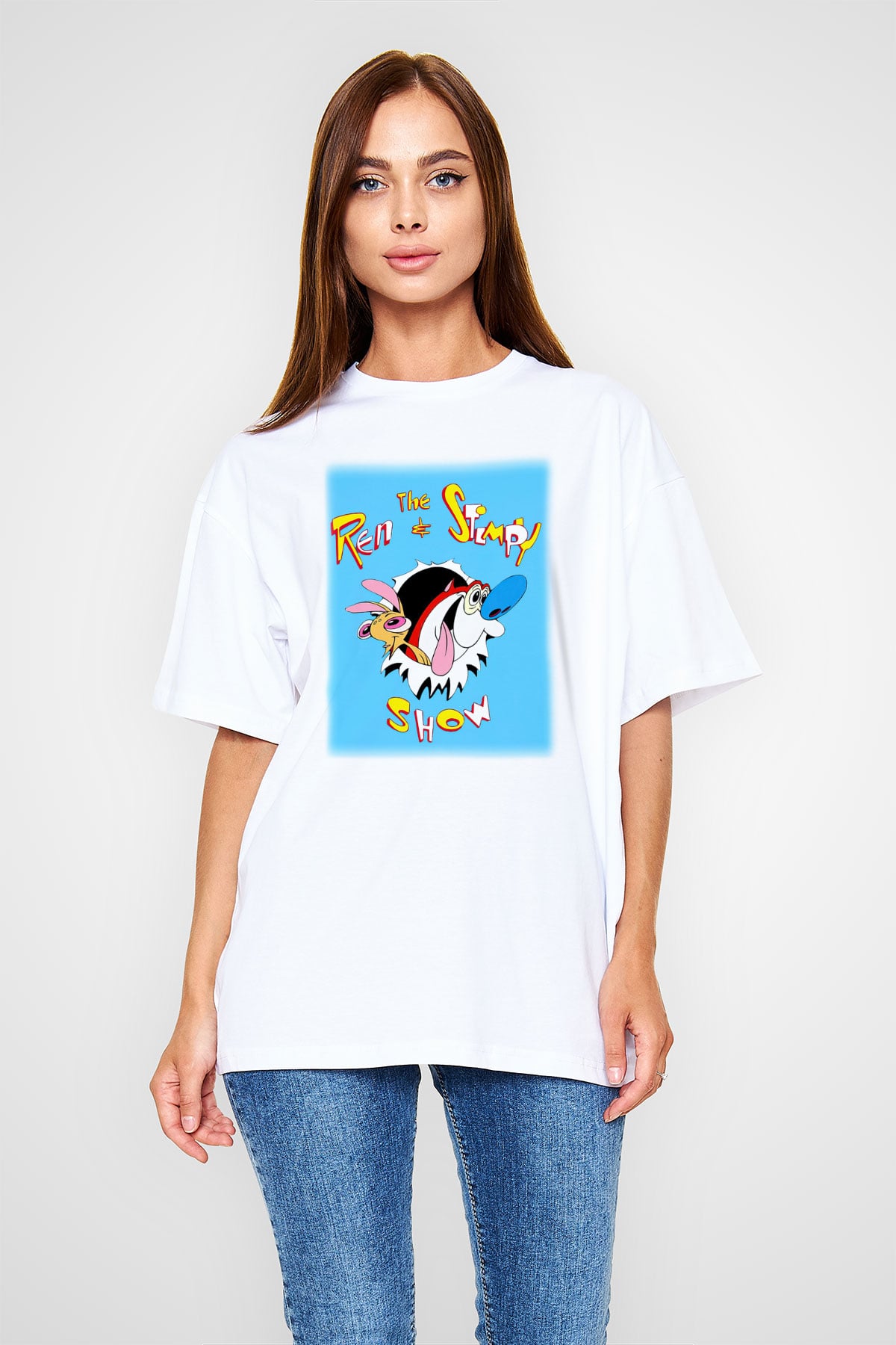 Ren and Stimpy Show Beyaz Unisex Oversize Tişört T-Shirt