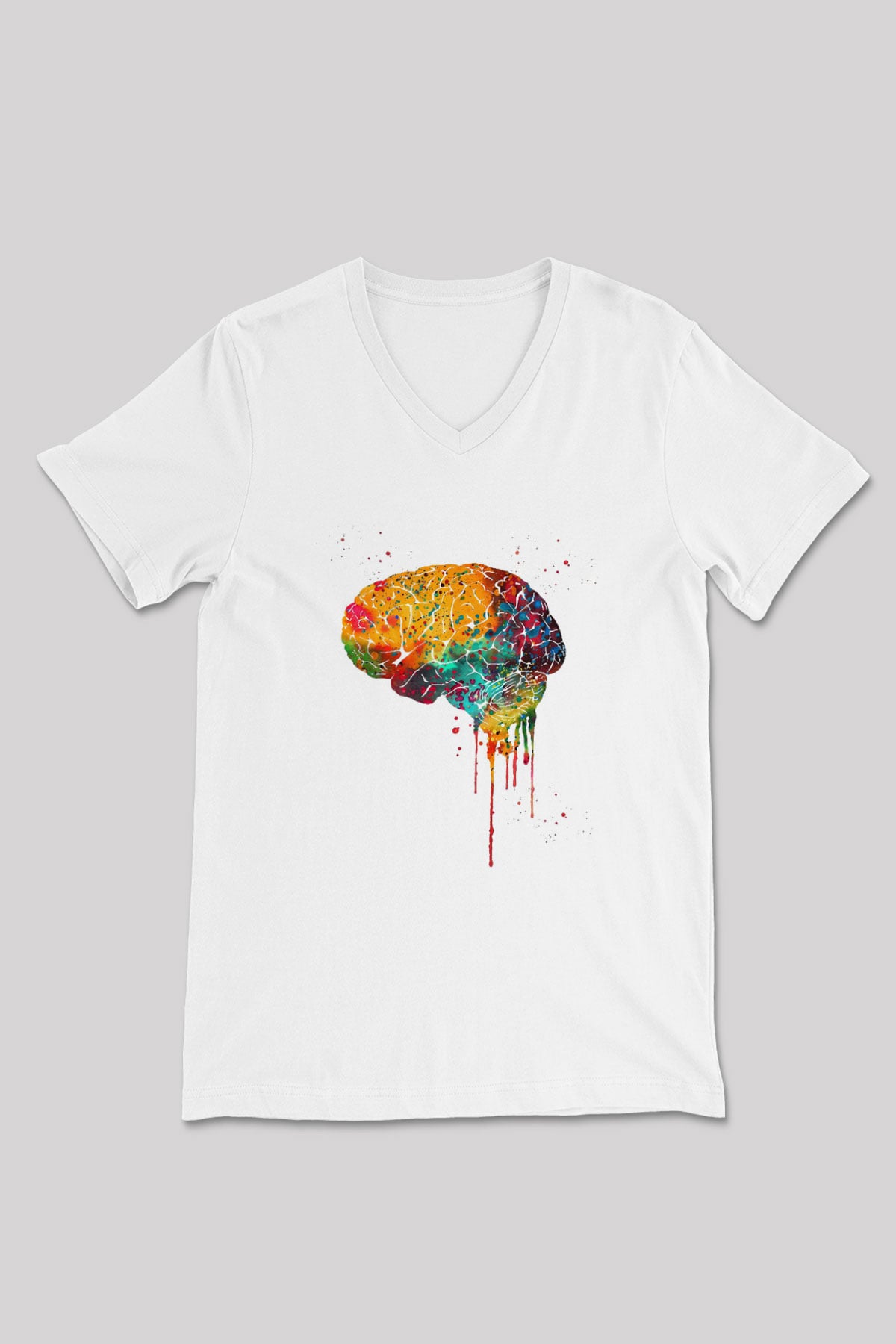 Renkli Akışkan İnsan Beyni Baskılı Unisex V Yaka Beyaz Tişört - Tshirt