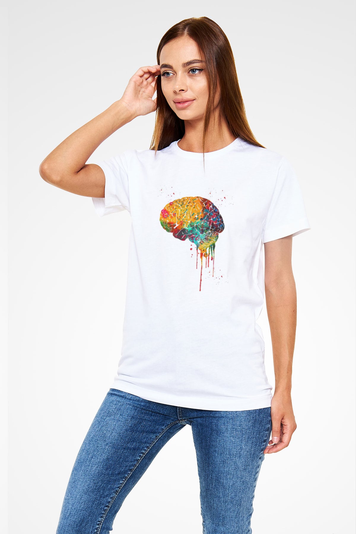 Renkli Akışkan İnsan Beyni Baskılı Unisex Beyaz Tişört - Tshirt