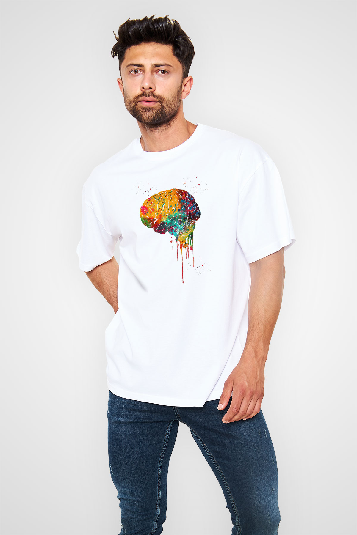 Renkli Akışkan İnsan Beyni Baskılı Unisex Oversize Beyaz Tişört - Tshirt